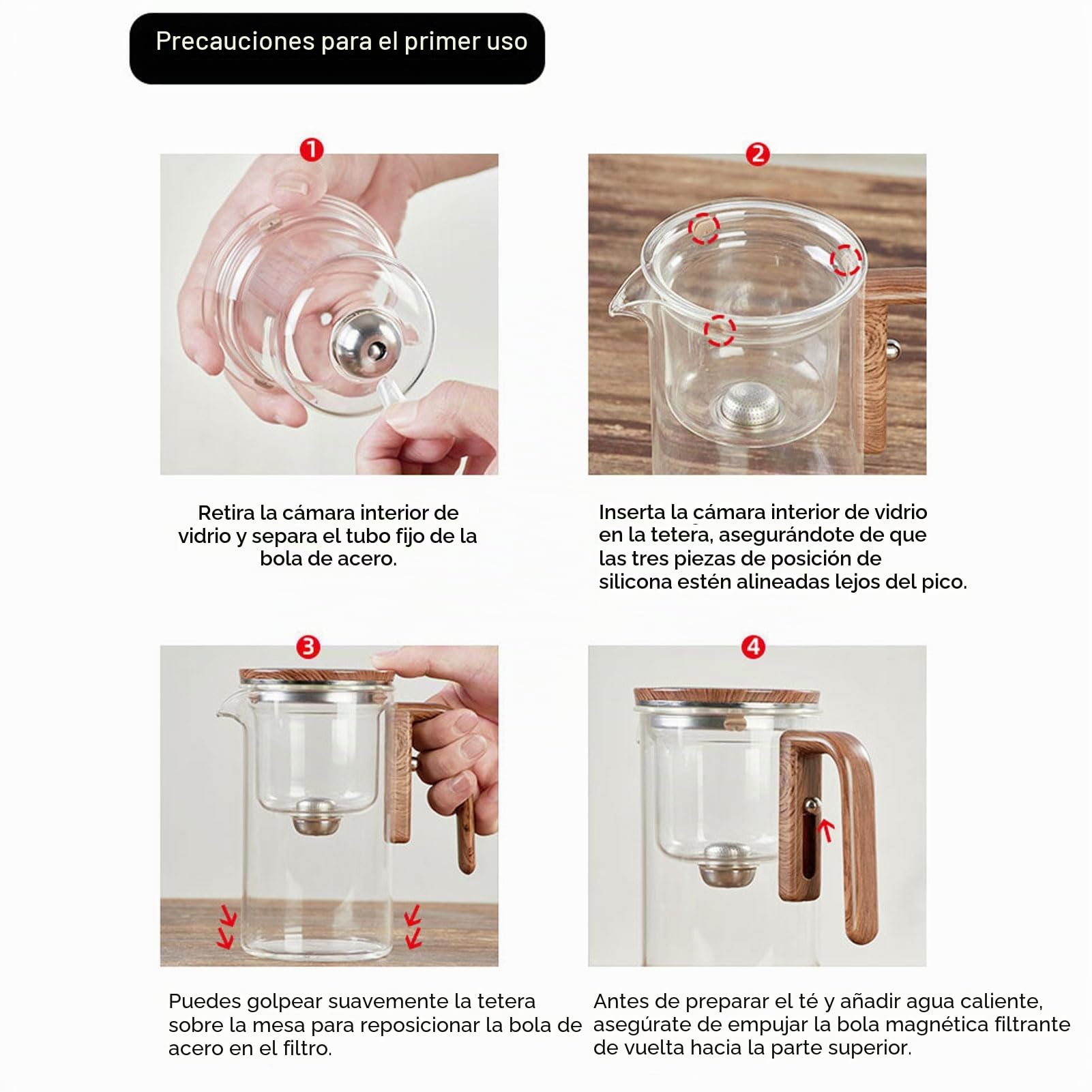 Vaporizador de Té En Hojas Sueltas, 800ml Separación del Agua Tetera de Vidrio con Colador Mango de Madera Interruptor Magnético, Infusor de Té | Jarra de Té para Casa