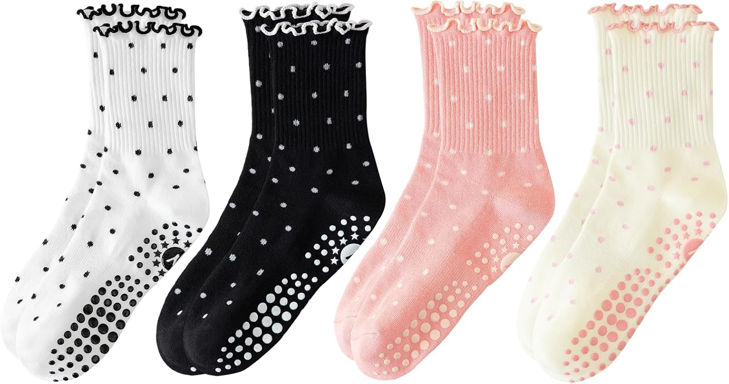Yawlsow Pilates Grip Socks for Women, Cute Ruffle Non Slip Barre Yoga Socks
