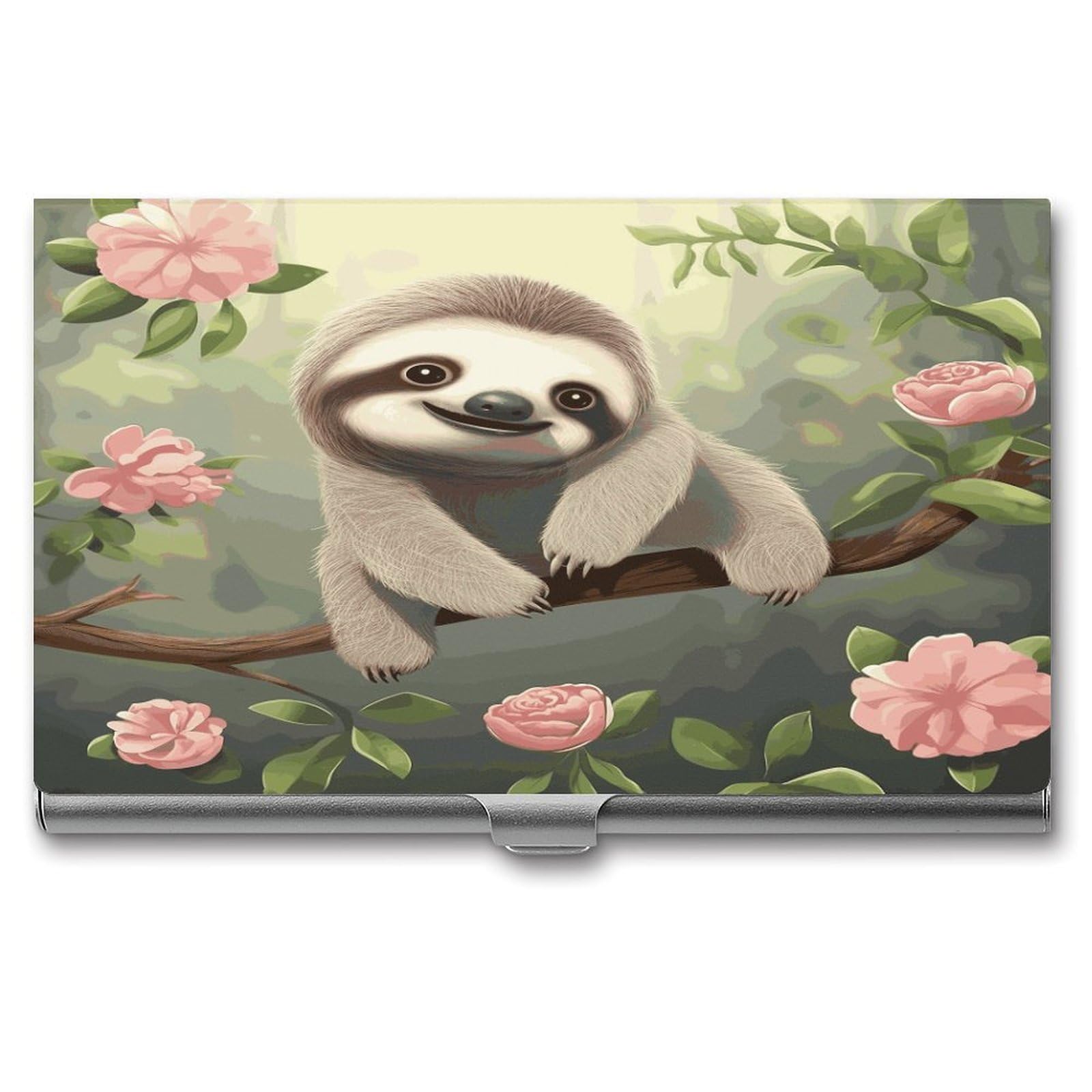 JTREHY Cute Baby Sloth Business Card Holder Slim Purse Name Card Holder Portable Metal Business Card Case Wallet Large Capacity Lightweight Business Card Case for Men Women