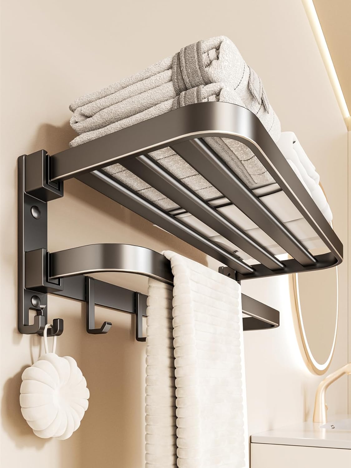 タオルラック 壁掛け式 多機能バスルーム収納棚 グレー 耐久防水 折りたたみ式 省スペース収納タオルハンガー フック付き フェイスタオル・バス