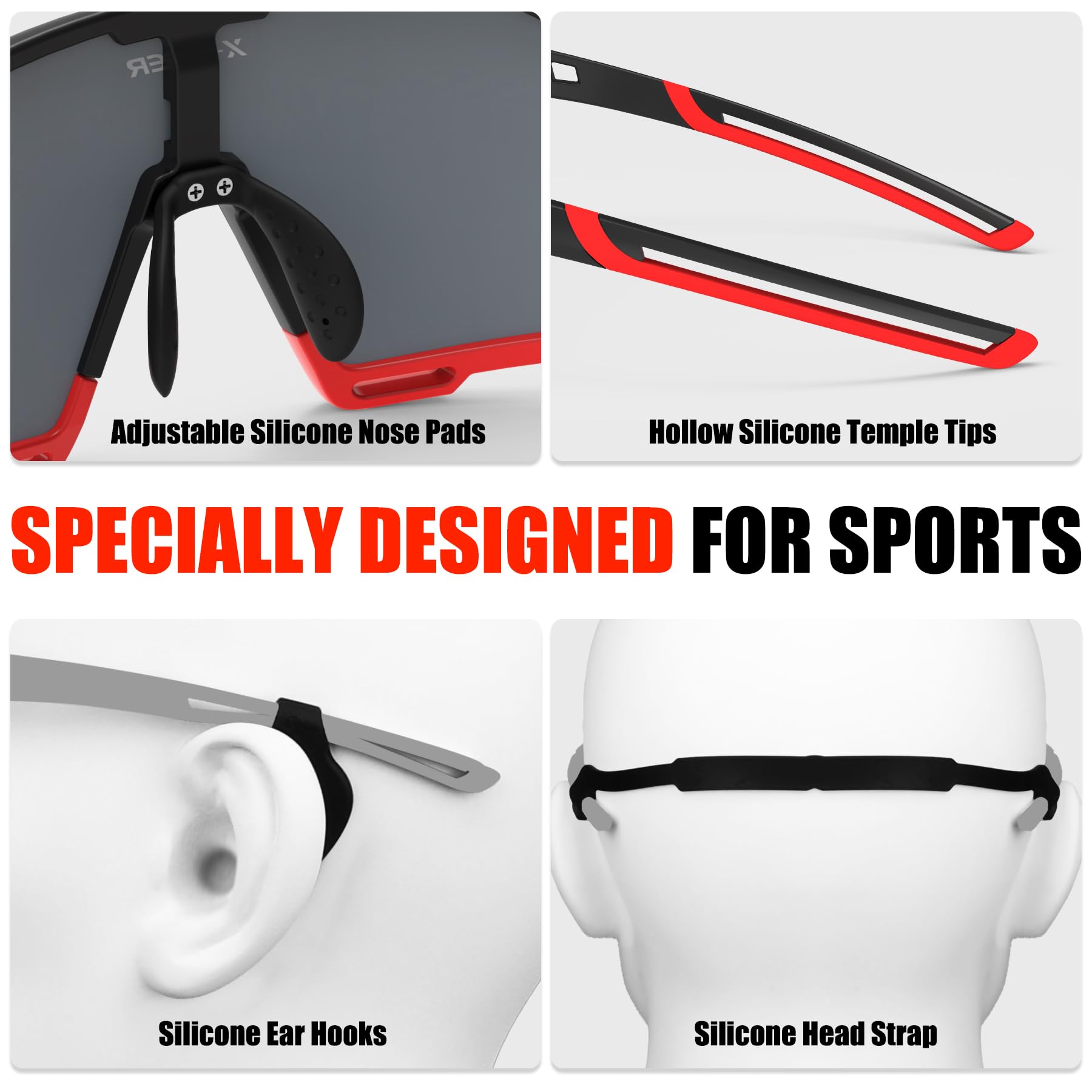 X-TIGER Lunettes de Cyclisme Lunettes de VTT Homme, Lunettes de Vélo avec 5 Lentilles Interchangeables Protection UV400, Montures TR90 résistantes au Stress, Pour Pêche Conduite Running Bicyclettes