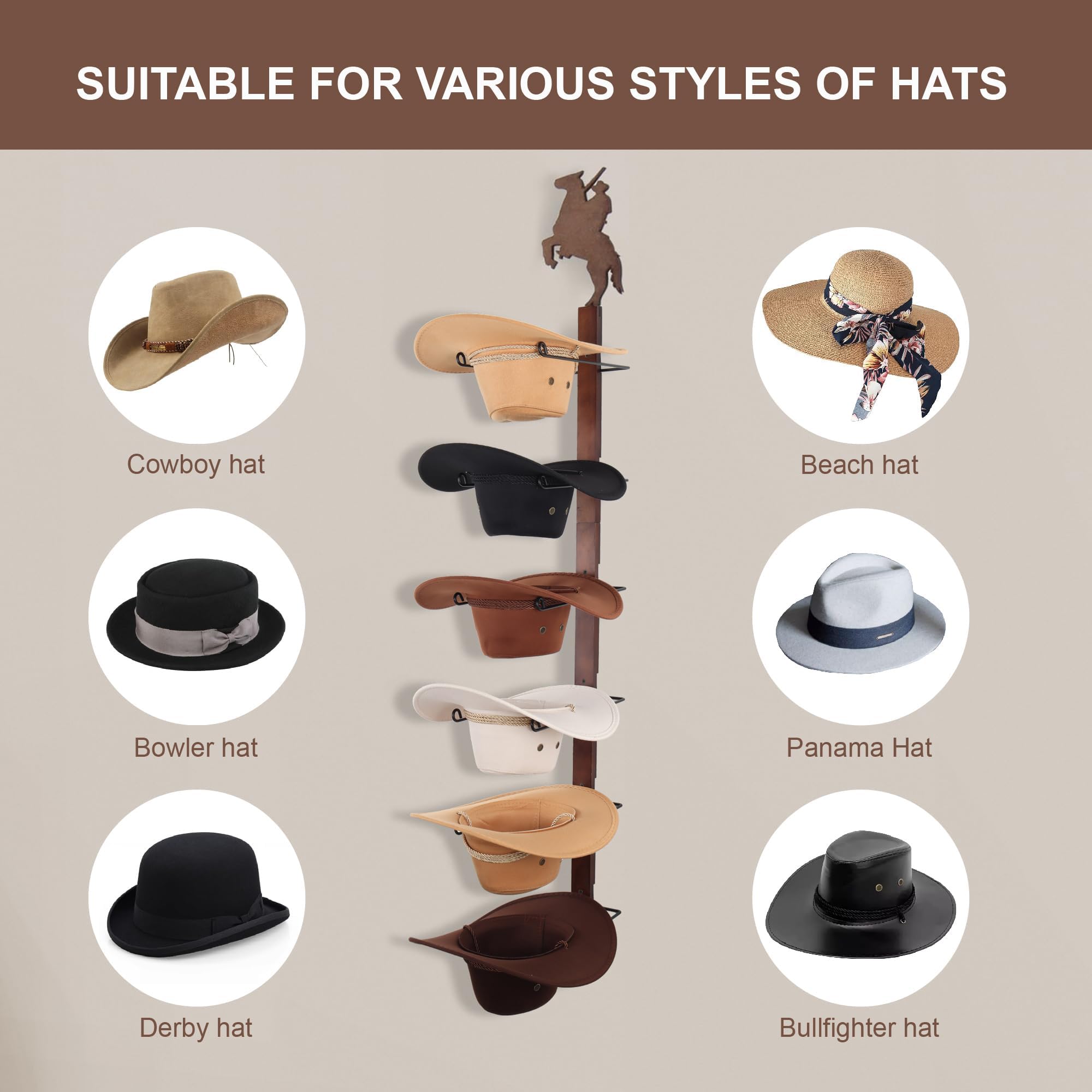 Soporte para sombreros de vaquero para pared: organizador de sombreros de madera rústica con 6 ganchos para sombreros para montaje en pared, soporte para sombreros de vaquero, soporte para