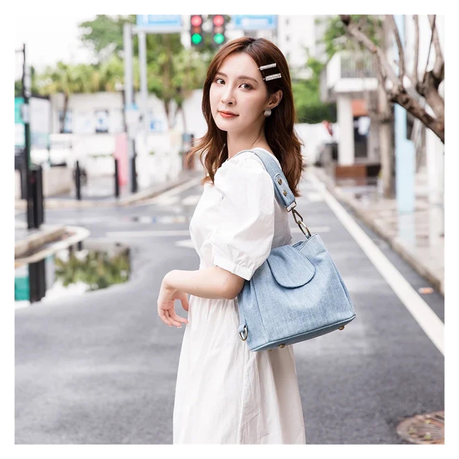 Borsa Jeans Donna Borsa a tracolla casual da donna in denim, borsa a secchiello, a viaggio blu