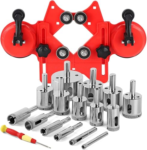 WORKEASE Diamond Tile Drill Bits Set, 17 Pcs with Double Suction Cups Hole Saw Guide Jig, (1/4"-2') for Glass, Ceramic, Marble, Porcelain, Tile Cutting