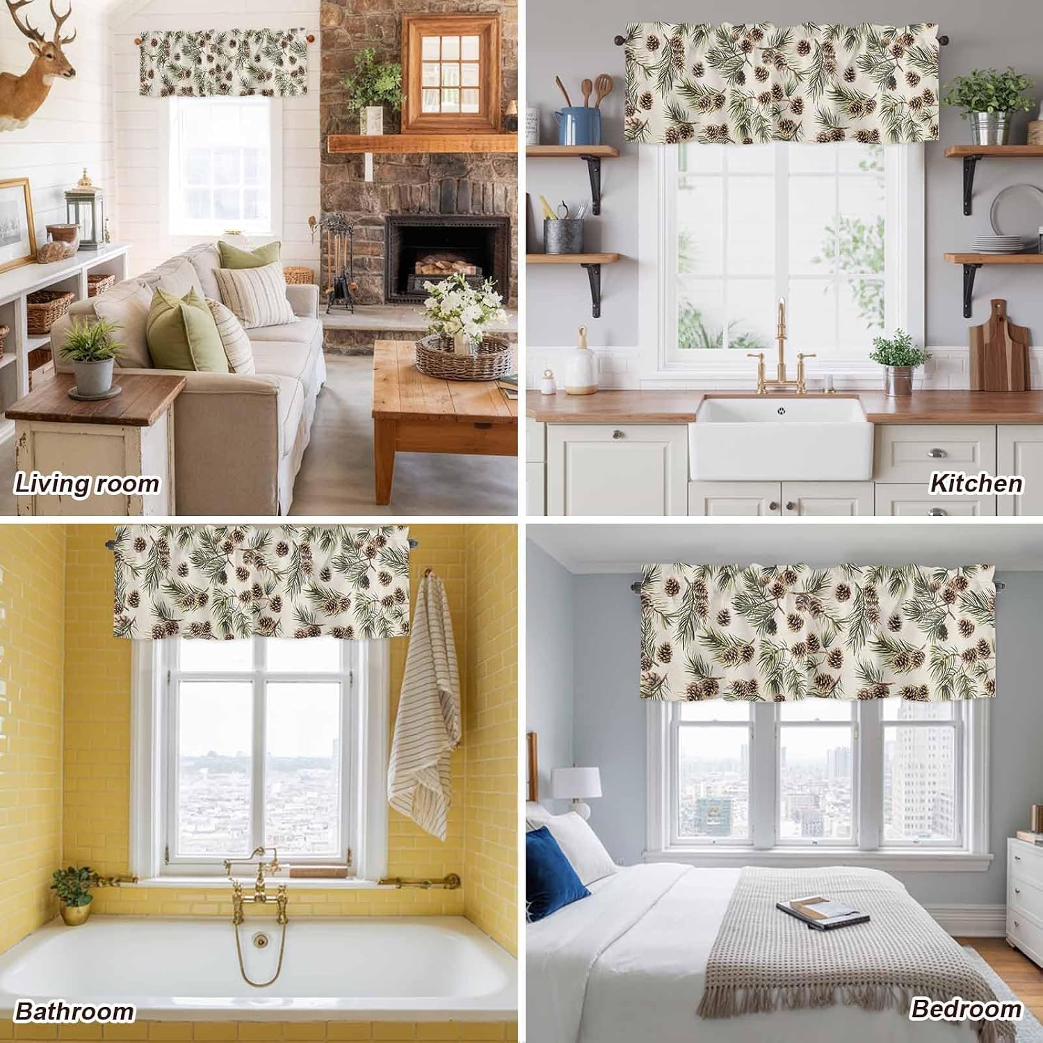 Brown Pine Cones Valances for Windows 60x14 Inch Green Leaves Branch Vintage Linen Curtain Valance Rod Pocket Short Curtains for Kitchen Bathroom Living Room Bedroom Decor