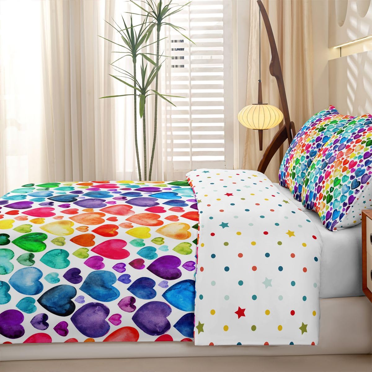 Homemissing Liebesherz Bettwäsche Pärchen Buntes Liebesherz Muster Bettwäsche 155x220 4teilig Regenbogen Herz Bettwäsche-Set 4-TLG., 2 Bettbezüge 155x220 cm und 2 Kissenbezüge 80X80 cm