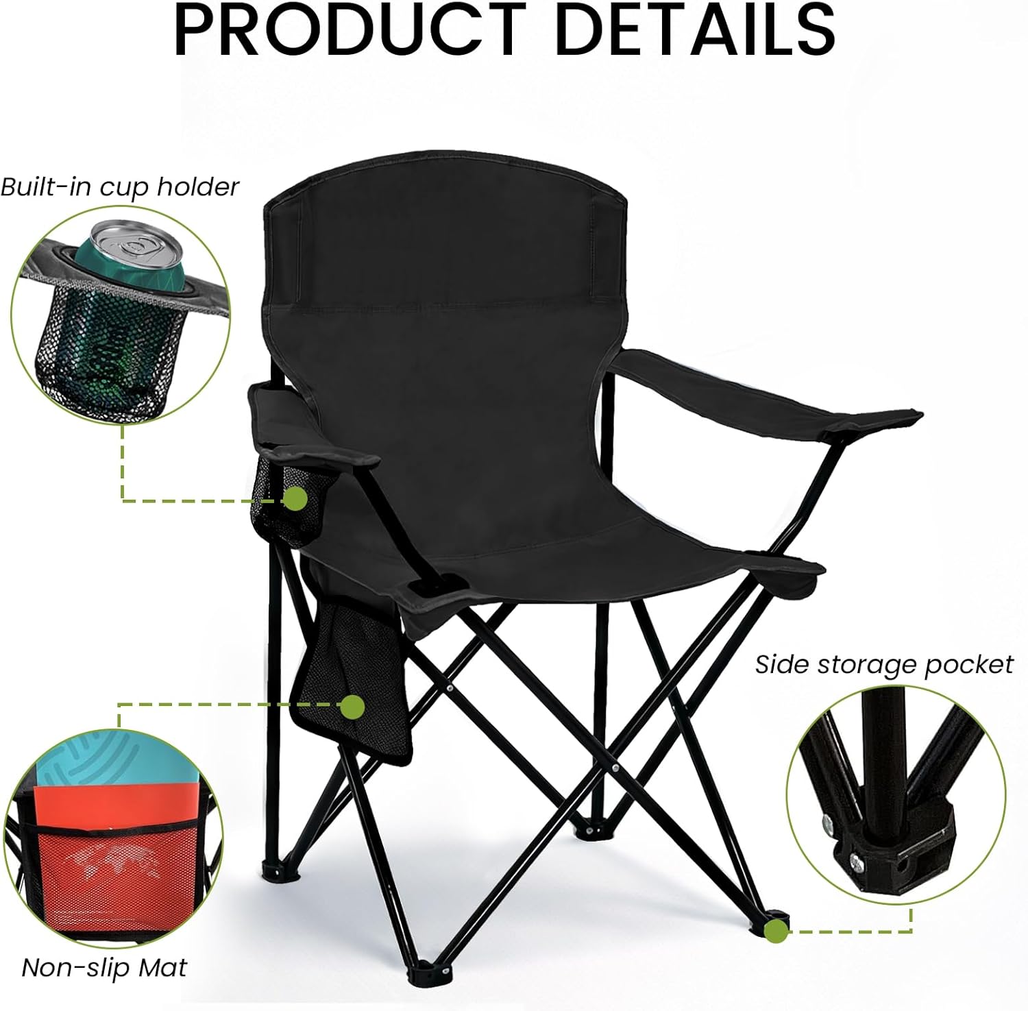 2 Pack Folding Camping Chair with Cup Holder & Side Storage Bag 300lbs Capacity Lightweight High Back Portable for Beach, Picnic, Sport, Black
