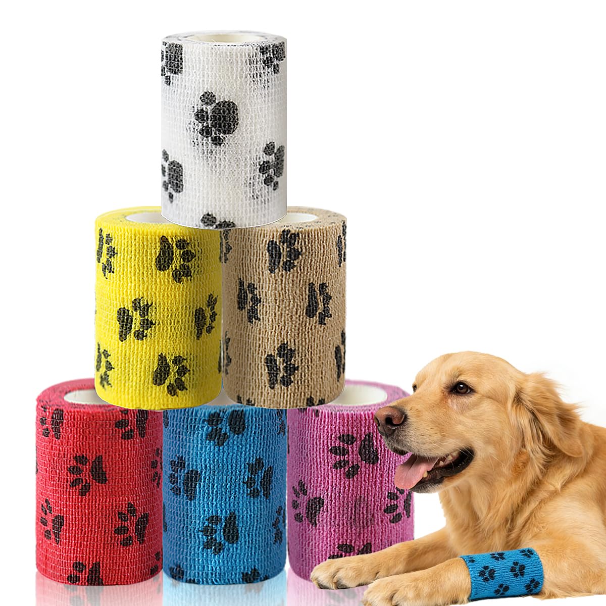 WaClaw Dog Bandages for Walk, Self-Adhesive Pet Bandage with Cute Paw Print Design, Non-Woven Cat Dog Injury Recovery Wrap Lick-Proof & Breathable (Pack of 6, 7.5cmX4.5m)