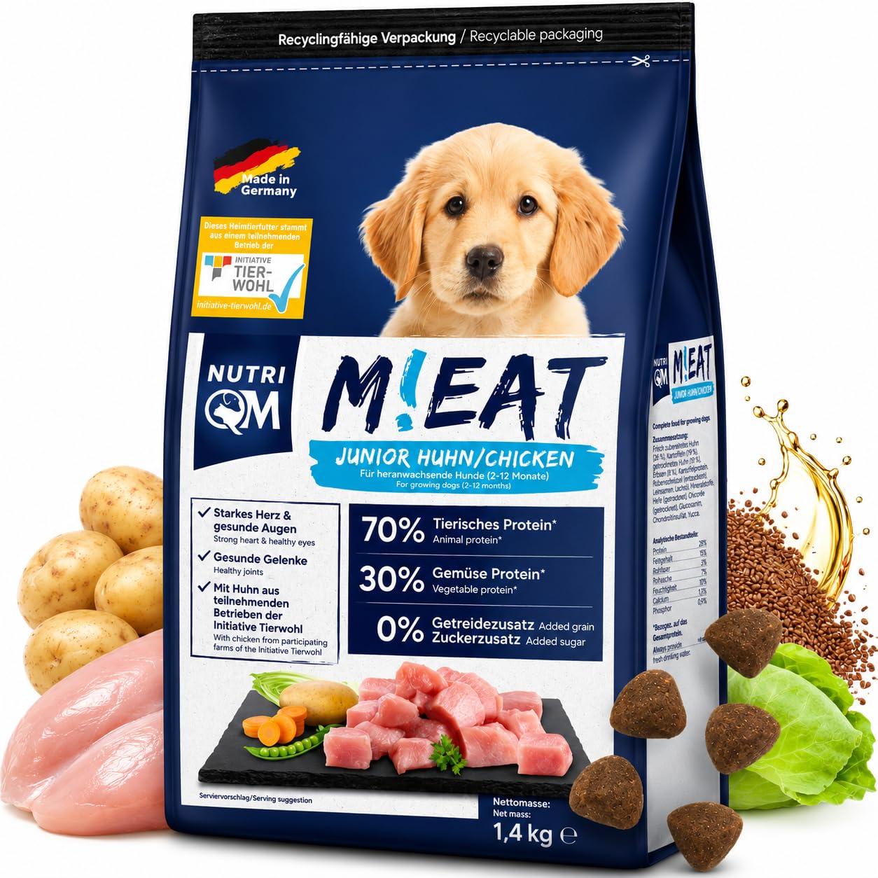NutriQM® M!EAT Welpen Trockenfutter | Getreidefrei | 14 kg (10×1,4 kg) | Hundefutter trocken mit Fischöl & Hühnerfleisch | Junior Trockenfutter Hund ohne Zucker & Zusatzstoffe | Made in Germany