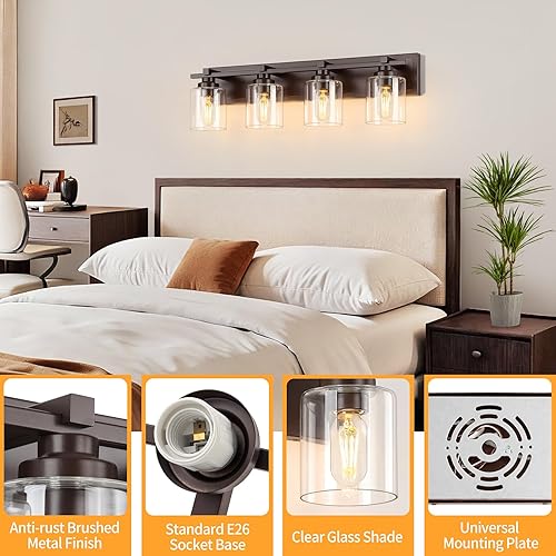 Miniatura 67 de 3 lámparas modernas de baño sobre el espejo, luces de tocador de oro negro para apliques de pared de baño con pantallas de vidrio blanco lechoso