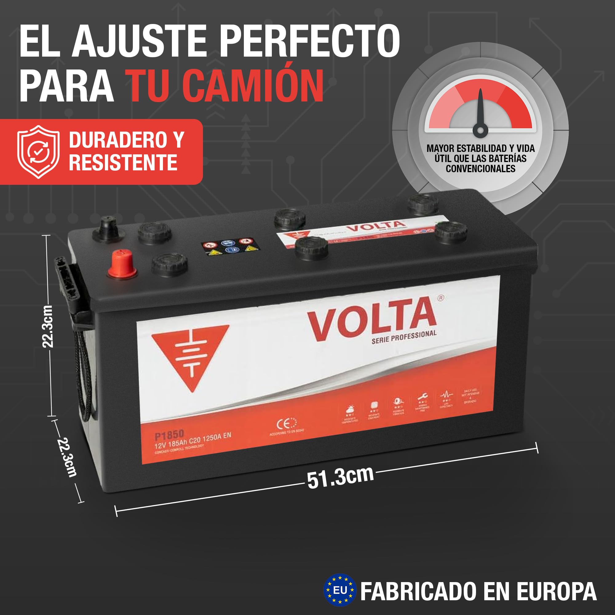 Bateria de Camión Professional 185Ah 1250A - Borne +Dcha - Medidas Largo 513 x Ancho 223 x Alto 223 mm con 2 años de Garantía - Fabricación Europea.