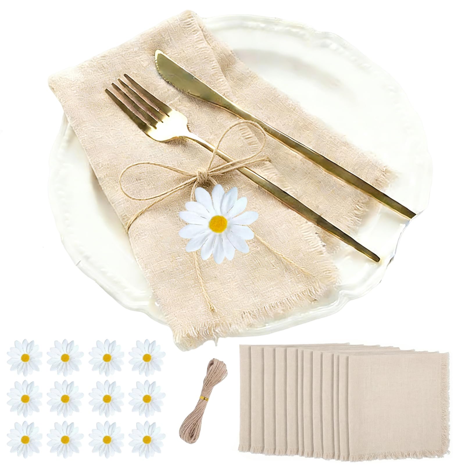 12 servilletas de tela beige 42 x 42 cm con cuerda de cáñamo de 10 m y 12 flores decorativas, servilletas de lino reutilizables, decoración de mesa para bodas, cumpleaños, cenas, cafeterías