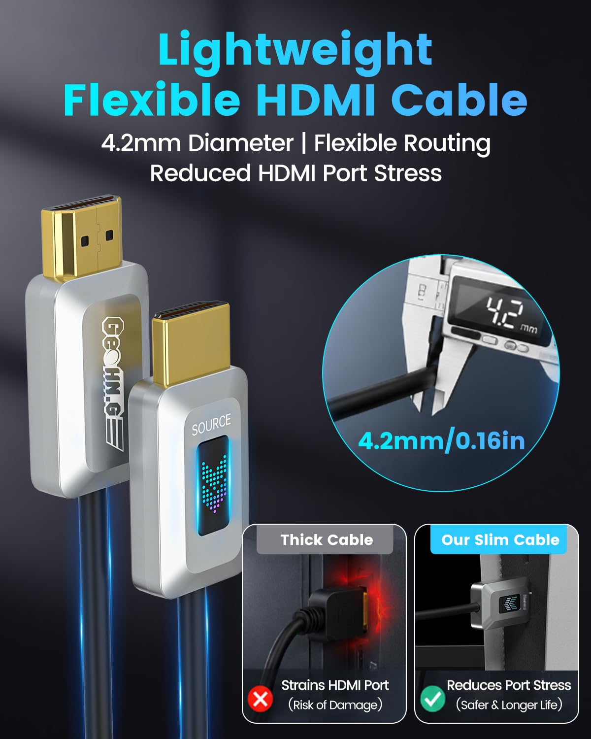 GeoHN.G Cavo in fibra ottica HDMI 8K 20M certificato 48Gbps Ultra High Speed HDMI 2.1 8K@60Hz 4K@120Hz dinamico/HDR10/eARC/HDCP 2.2&2.3/3D, compatibile con RTX3090/PS5/Roku TV/HDTV/Blu-ray