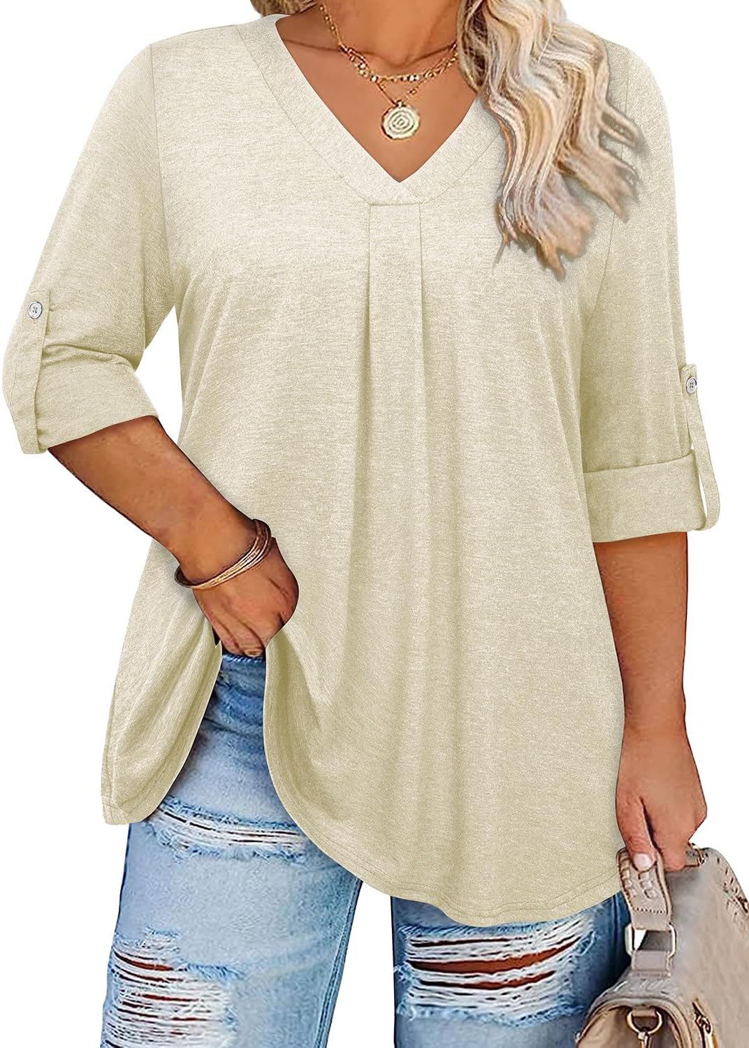 Siddhe Plus Size Tops for Women 3/4 Sleeve Shirts V Neck Blouses Tunic Top Spring Summer 2026