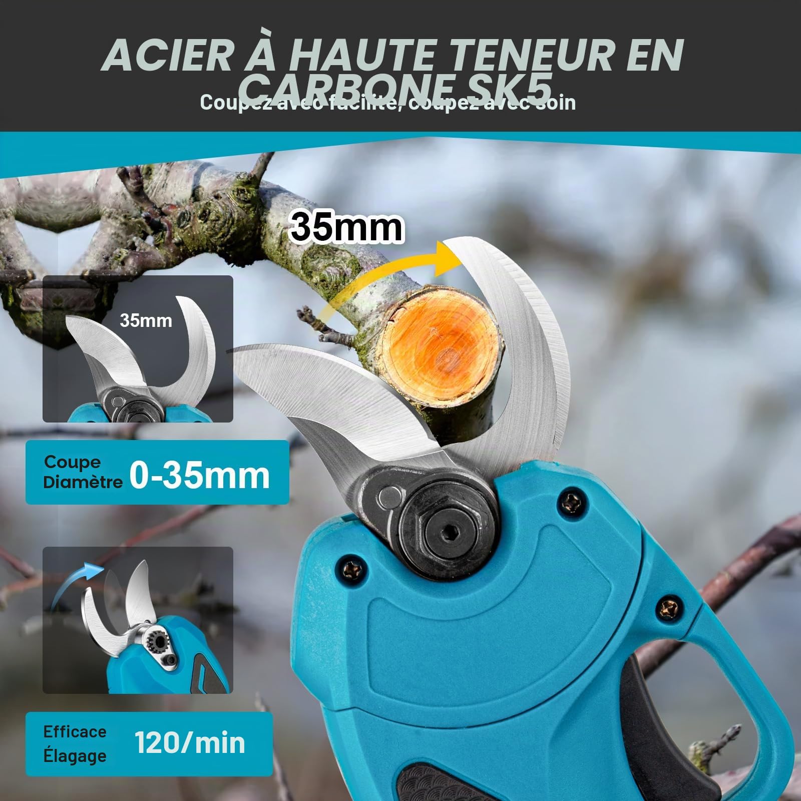 Sécateur Électrique de Jardin pour Makita 18V Batterie, Sécateur Sans Fil 600W Professionnel avec 2 Batteries 2000mAh, Moteur Sans Balais Portatif avec Diamètre Coupe de 20-35mm et Compteur Coupe LED
