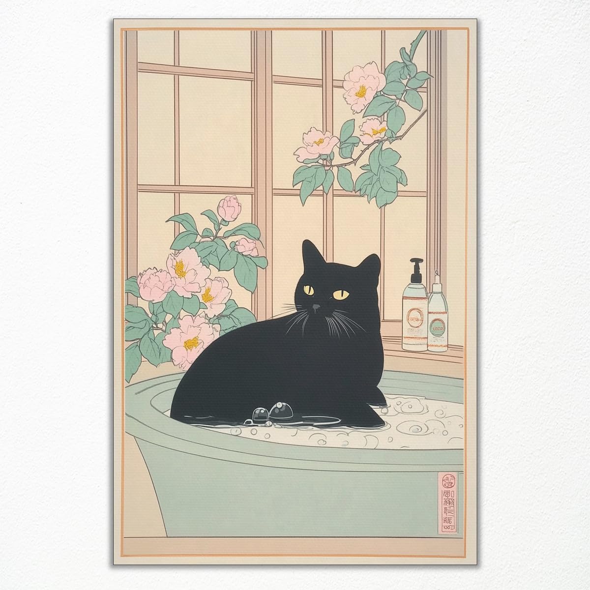 Foefvpeft Cat 04 Unframed Black Cat Canvas Wall Art, Funny Japanese Cat Bathroom Poster, Cat In A Bubble Bathtub Painting, Neutral Japan Cat Aesthetic Print, Cat Pink Flowers Green Botanical Picture 12X16in Unframed