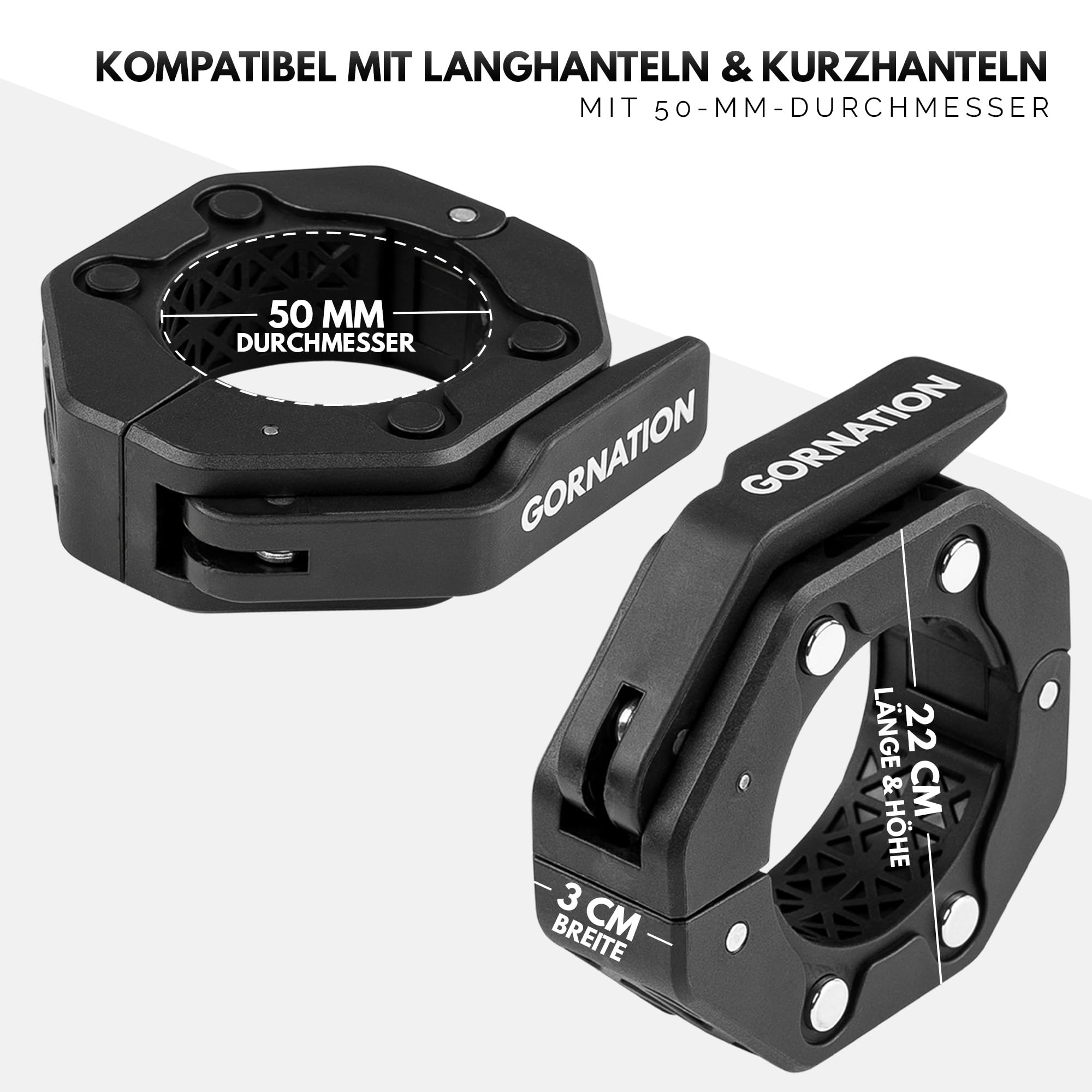 GORNATION Hantelverschluss 50mm, Langhantel Clips Schnellverschluss, Olympische Hantelverschluss, Hantelklemmen, 2 Stück Olympic Barbell Collars für Krafttraining, Gewichtheben & Fitness