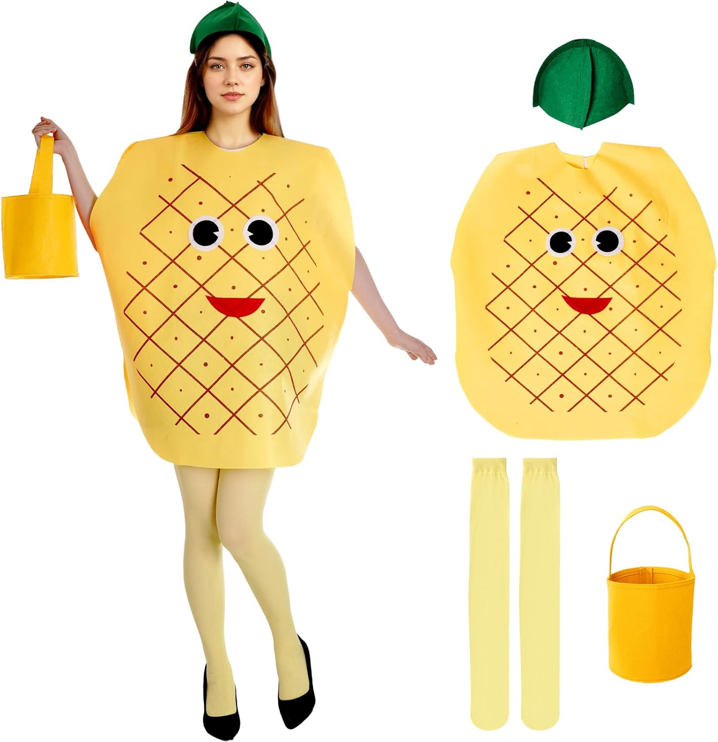 4pcs Halloween Pineapple Costume Women Adult Pineapple Costume Girl Cute Fruit Costumes with Dress Hat Bag and Sock for Halloween Cosplay Dress Up Party