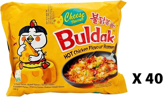Buldak Noodles Hot Chicken Flavor Ramen 40 Pack (140g each) - Ramen Instant NoodlesExcellent for Snack and Soups (Cheese)