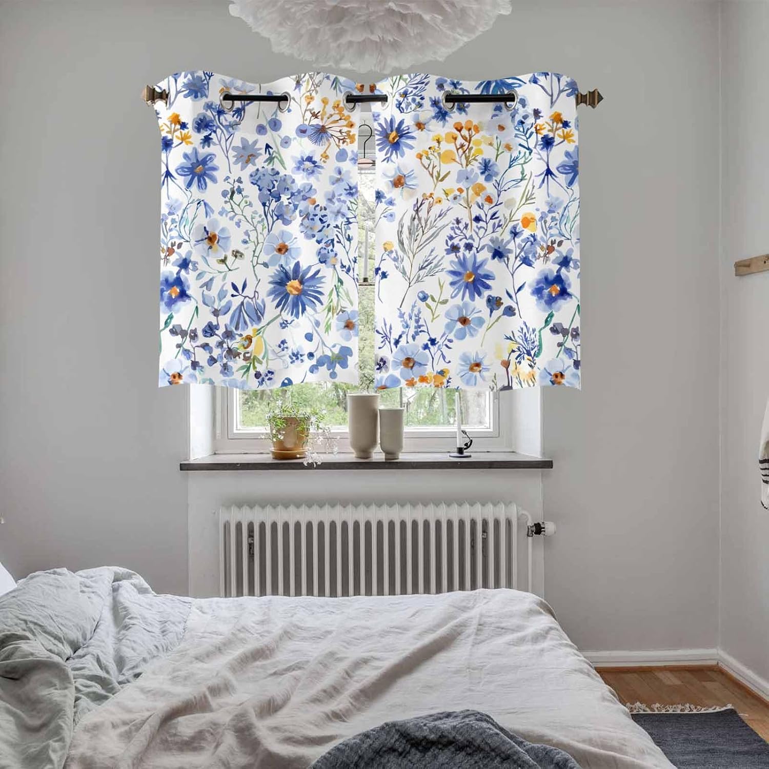 Plants Curtains for Living Room 39 Inch Length Drapes, Farmhouse Blue Yellow Wild Flowers Window Treatments Curtain Panels, Grommet Top, 2 Pack