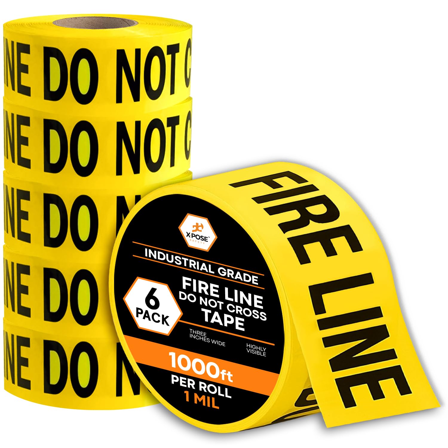 Xpose Safety Yellow Fire Line Do Not Cross Tape – (6 Rolls) – 3" x 1000' High-Visibility Barricade Tape for Construction Sites, Hazards, Crime Scenes
