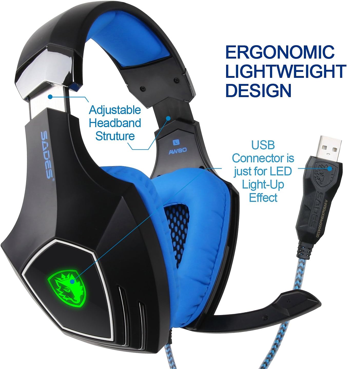 AW80 USB Stereo Gaming Headset Over Ear with Mic Noise Reduction Bass Vibration Volume Control LED for PC Computer MAC(Black)