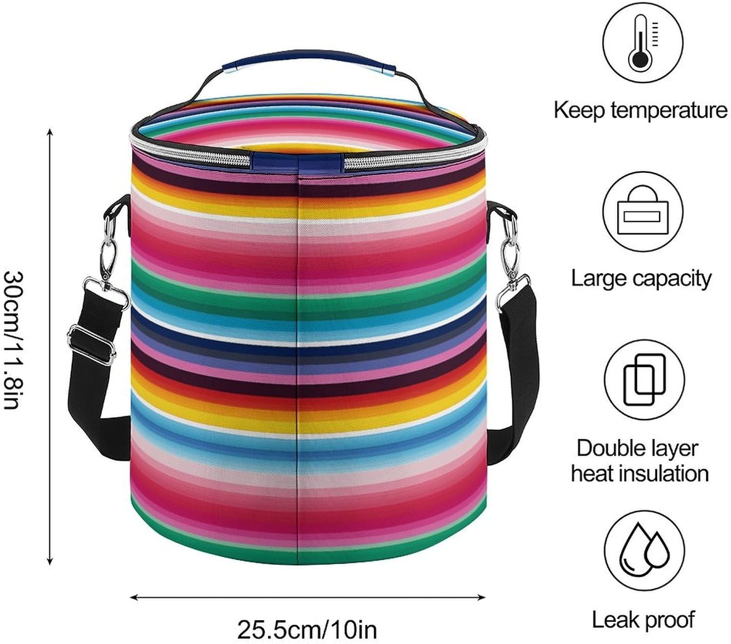 Round Soft Cooler Bags Colorful Mexican Stripes Print Collapsible Ice Chest Bags Double Deck Leakproof Insulated Camping Cooler Bag for Picnic,Beach,Outdoor Trip