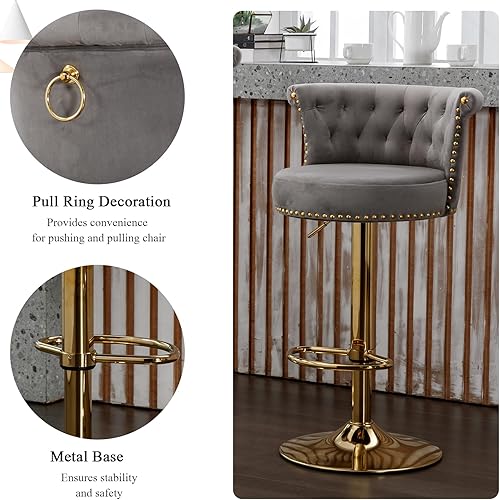Miniatura 5 de Juego de 2 taburetes de bar giratorios de terciopelo, taburete de bar ajustable con altura de mostrador con botón copetudo y ribete de cabeza de
