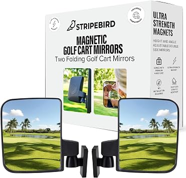 Stripebird - Magnetic Golf Cart Mirrors 2.0 Black - No Drilling - Ultra-Strength Magnet - 2 Folding Side Mirrors - EZ Go Accessory - Club Car Accessory - Golf Cart Accessory