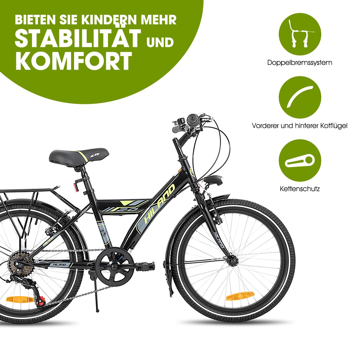 HILAND 20 Zoll Kinderfahrrad Mountainbike, MTB für Kinder Jungen Mädchen mit 6 Gang Schaltung, Ständer, Schwarz Fahrrad
