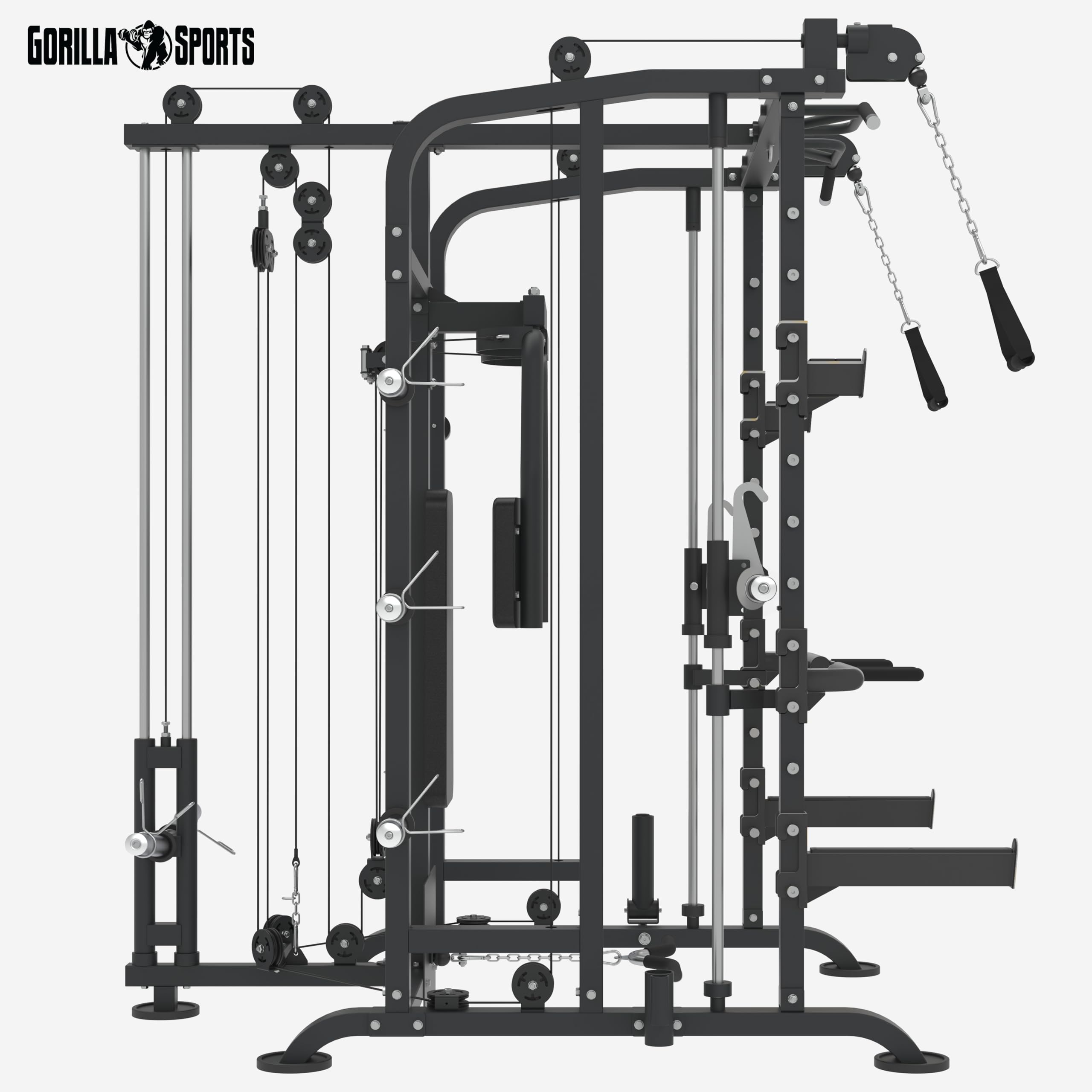 GORILLA SPORTS® Kraftstation - Multifunktionale, Power Rack mit 50mm Stange, Butterfly, Latzug mit Kabelzuggriffen, Klimmzug, Dip Griffe, T-Bar, bis 300 kg - Fitnessstation, Smith Machine, Multi-Gym