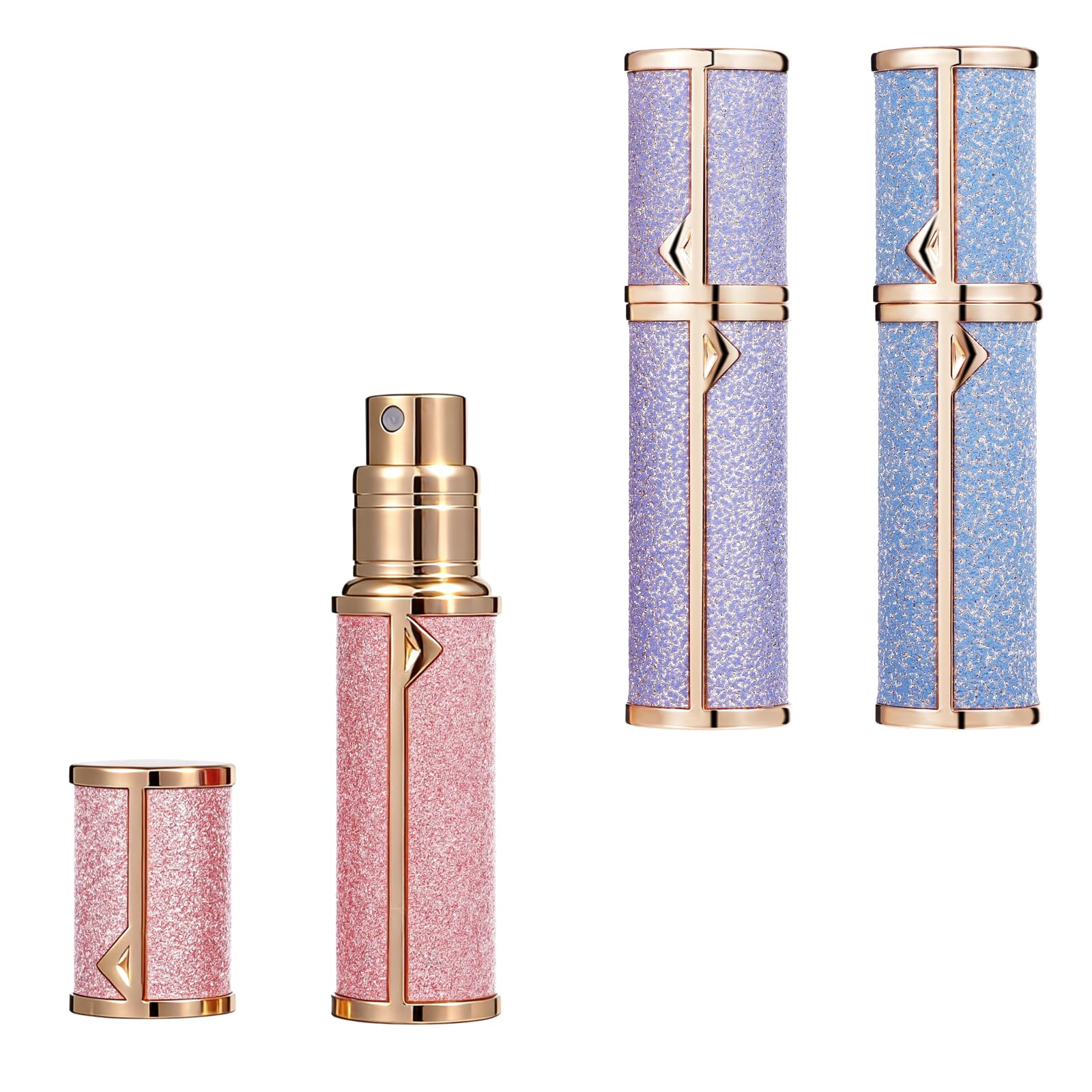 3 Stk. Reise-Parfümflaschen, 5 ml / 0,17 fl oz, tragbare nachfüllbare Mini-Parfüm-Zerstäuberflaschen mit Bodenbefüllung, Glitzer-Design, Pink, Lila, Blau