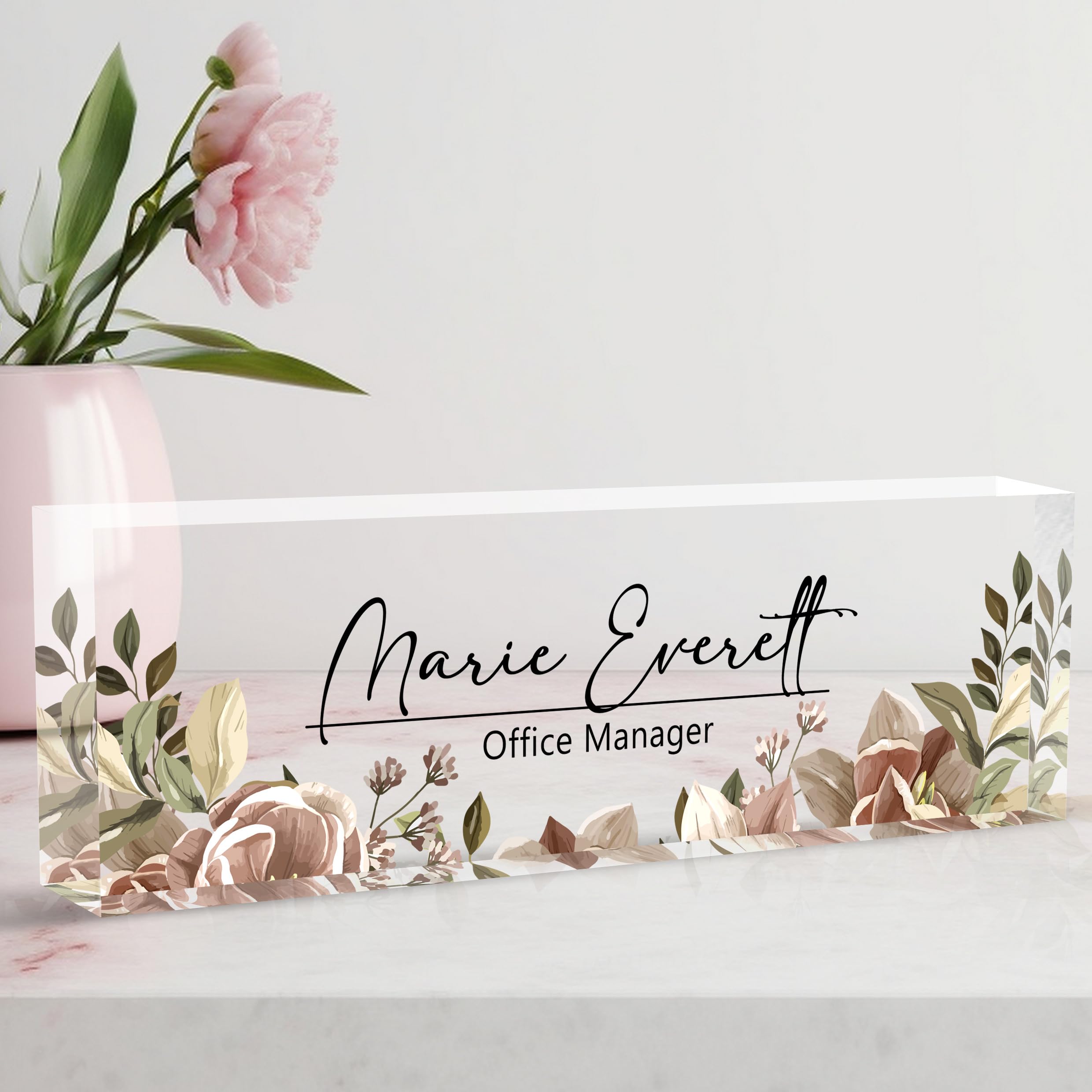 Custom Desk Name Plate, Personalized Acrylic Office Decor, Employee Appreciation Gifts for Boss, Manager, Teacher, Nurse (Threadlike Flower)