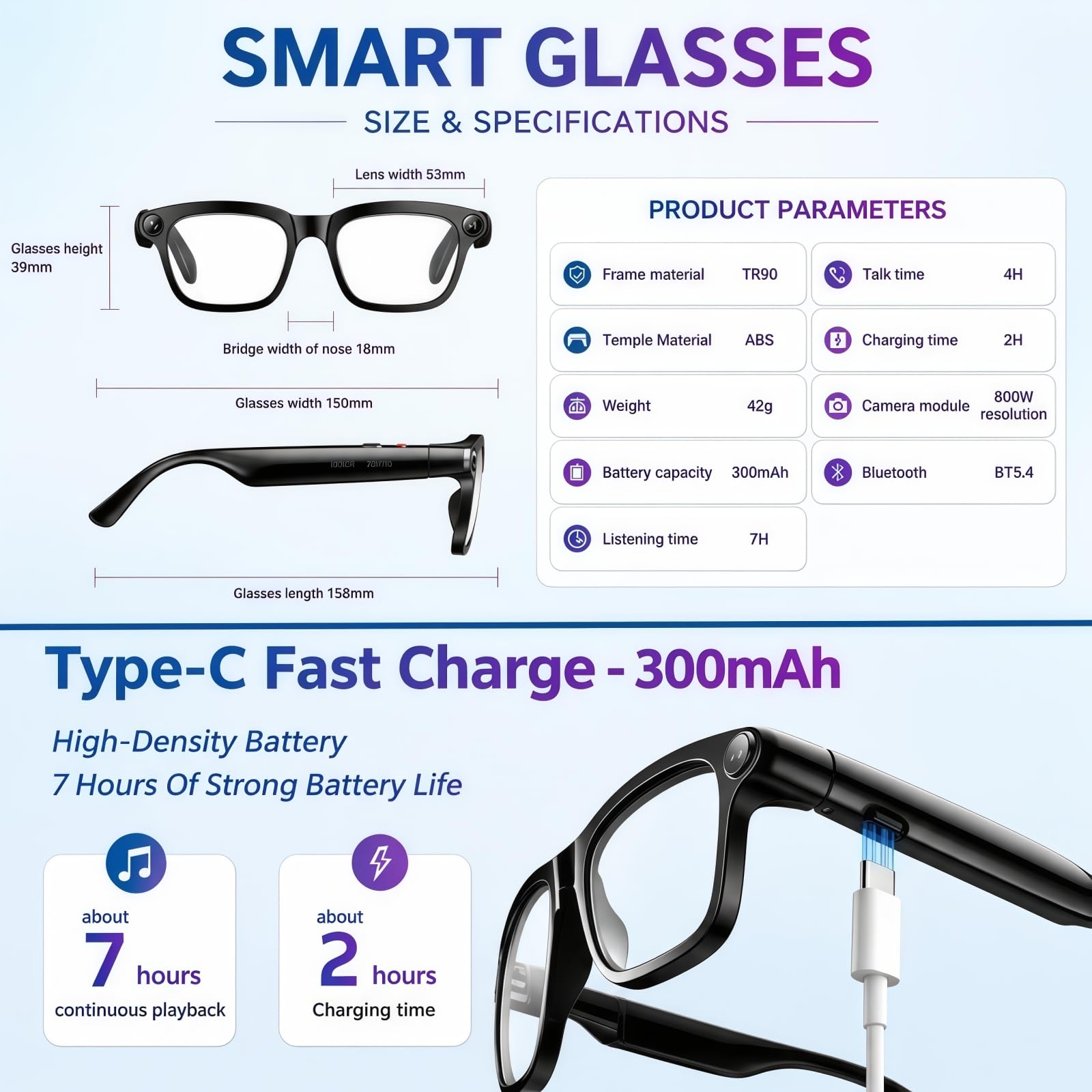 Smart Brille mit Kamera und Bluetooth, 800W HD Kamera, Open-Ear Audio Videoaufnahme Übersetzung KI-Brille mit elastischem Rahmen für Männer & Frauen, 300mAh Akku für Reisen, Laufen, Vlog, Meetings