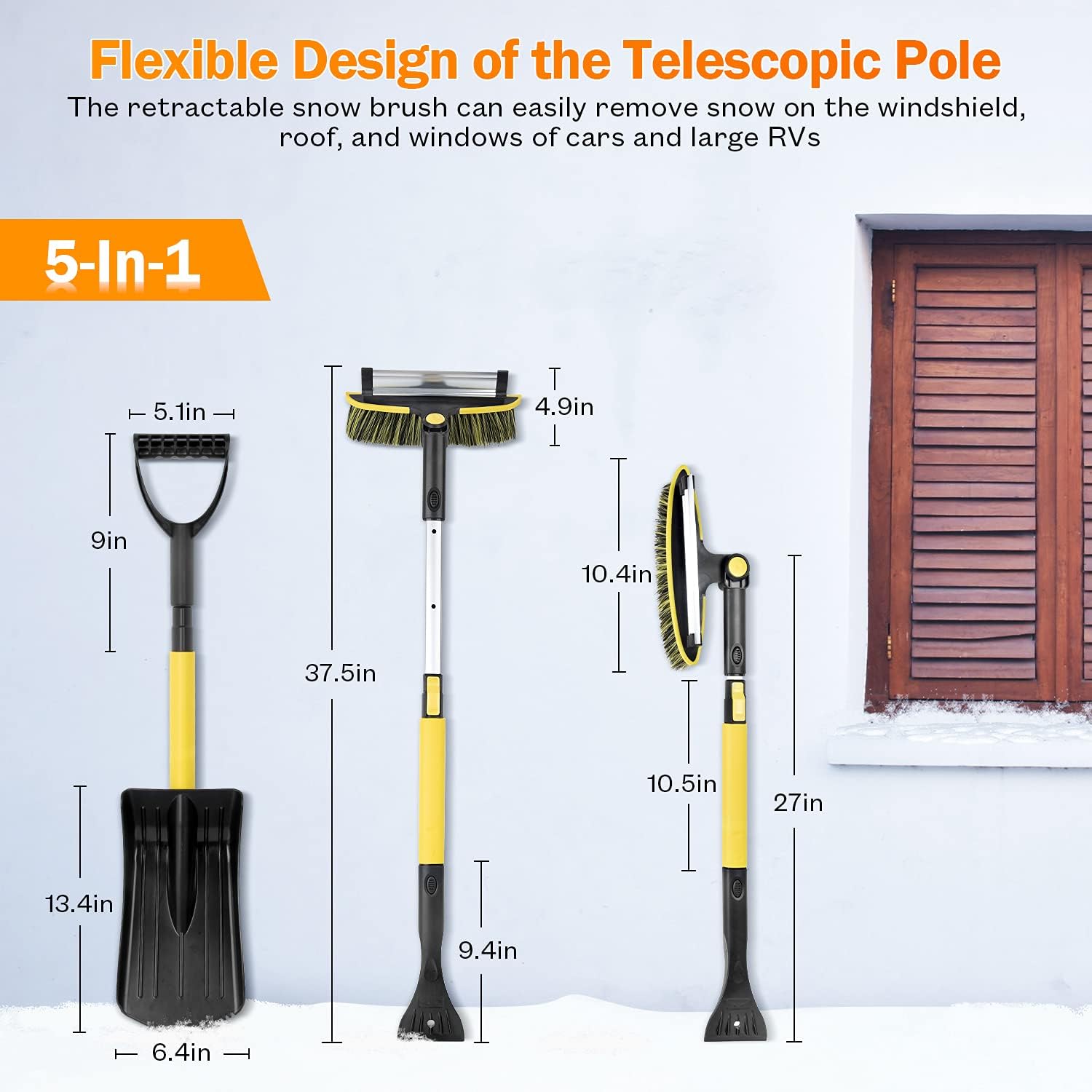 Ice Scraper and Snow Shovel, 5 in 1 Snow Brush for Car Windshield, 29.9" to 37.5" Extendable Snow Scraper for Car Auto SUV Truck
