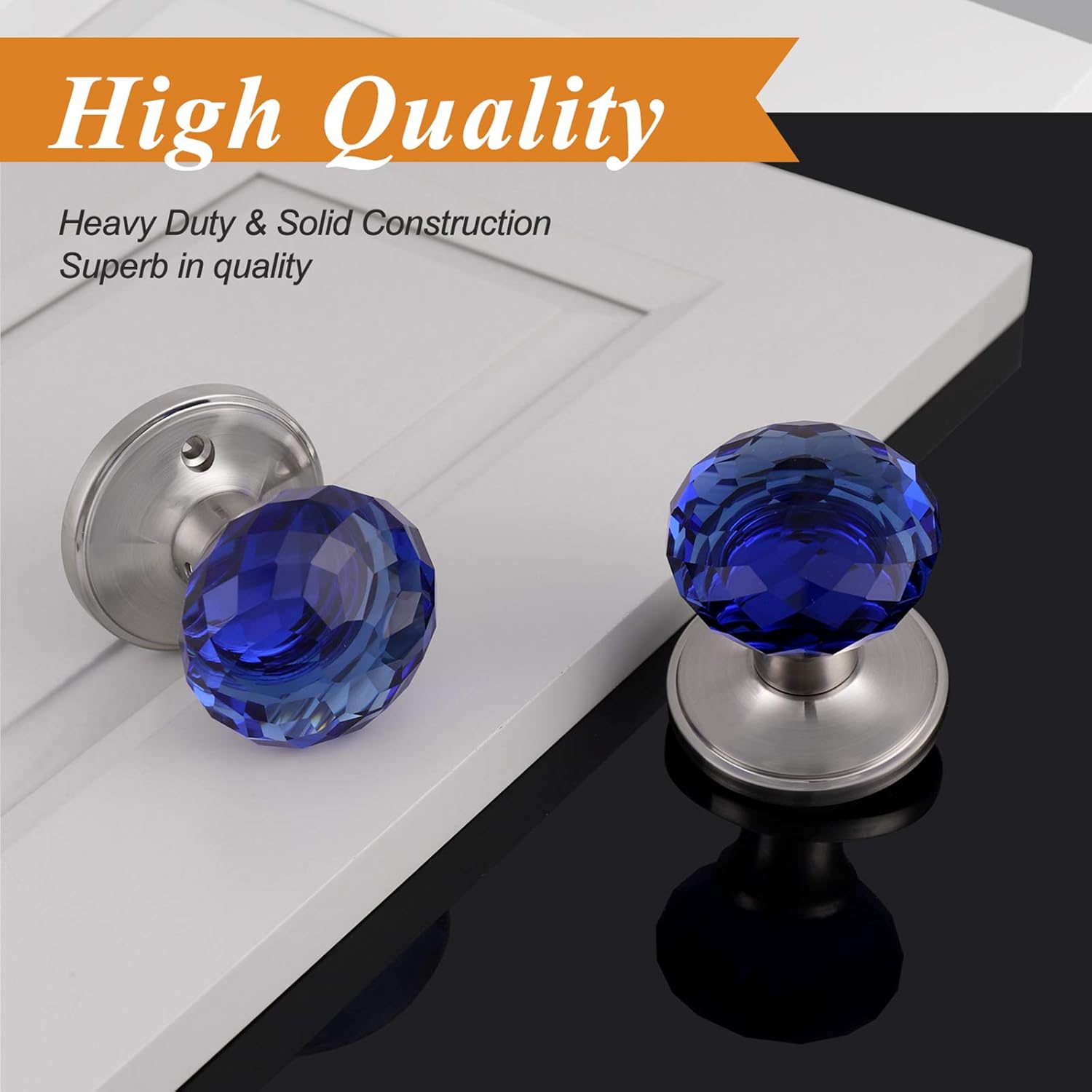 Probrico Non-Locking Keyless Door Knob Interior for Hallway/Closet 1 Pack, Round Faceted Diamond Shape Blue Glass Door Knobs Passage, Heavy Duty Crystal Door Knobs with Brushed Nickel Finish Rosette