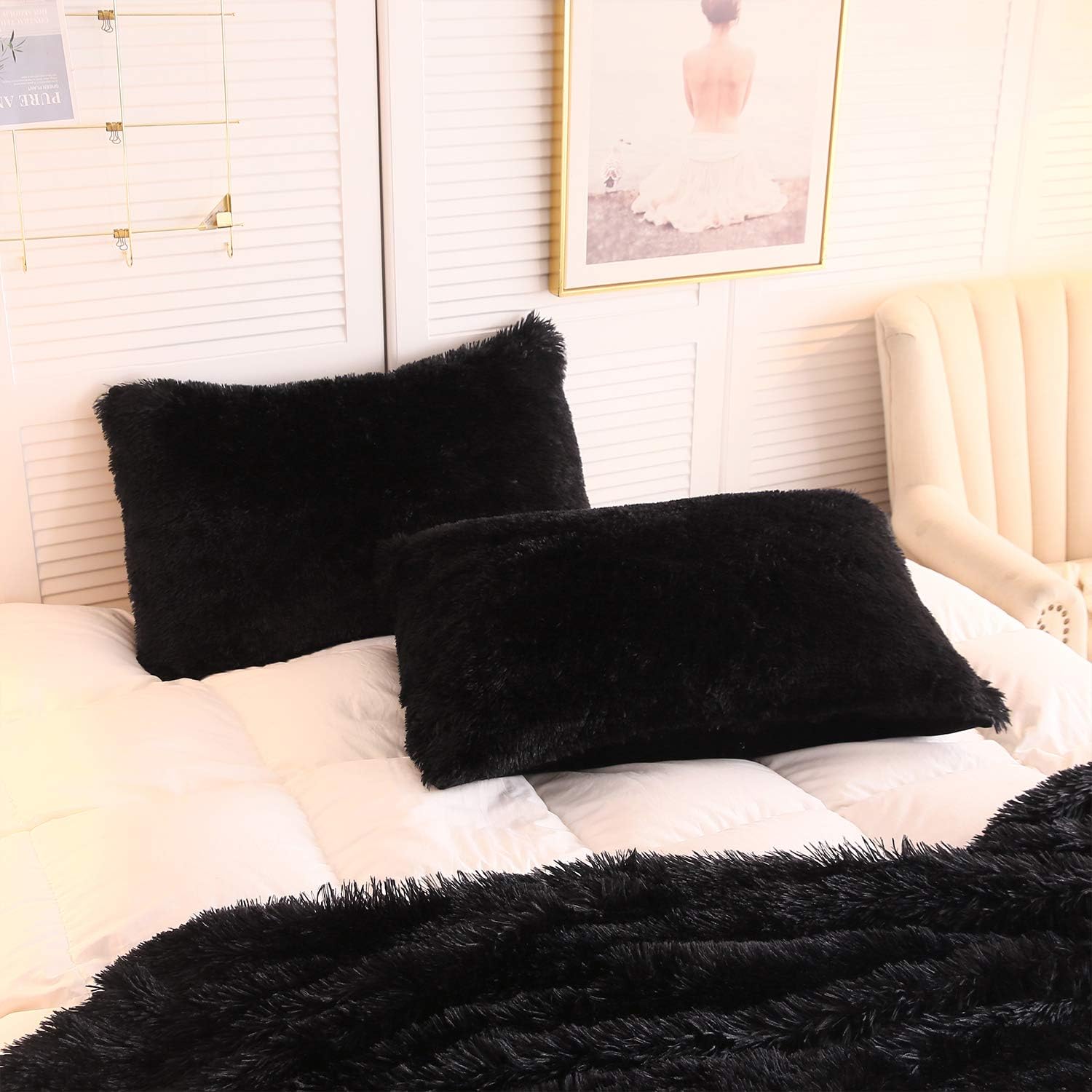 Black Friday Sale 2022 XeGe Plush Shaggy Duvet Cover Set Luxury Ultra Soft Crystal Velvet Bedding Sets 3 Pieces(1 Faux Fur Duvet Cover + 2 Faux Fur Pillow case),Zipper Closur (Queen, Black)