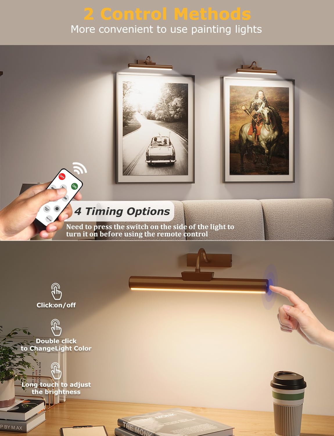 Bilderleuchte, batteriebetrieben, 33 cm, kabelloses Kunstlicht für Gemälde, dimmbar, 5000 mAh, wiederaufladbar, batteriebetrieben, Bilderleuchte mit Fernbedienung für Wand, Galerie-Dartscheibe