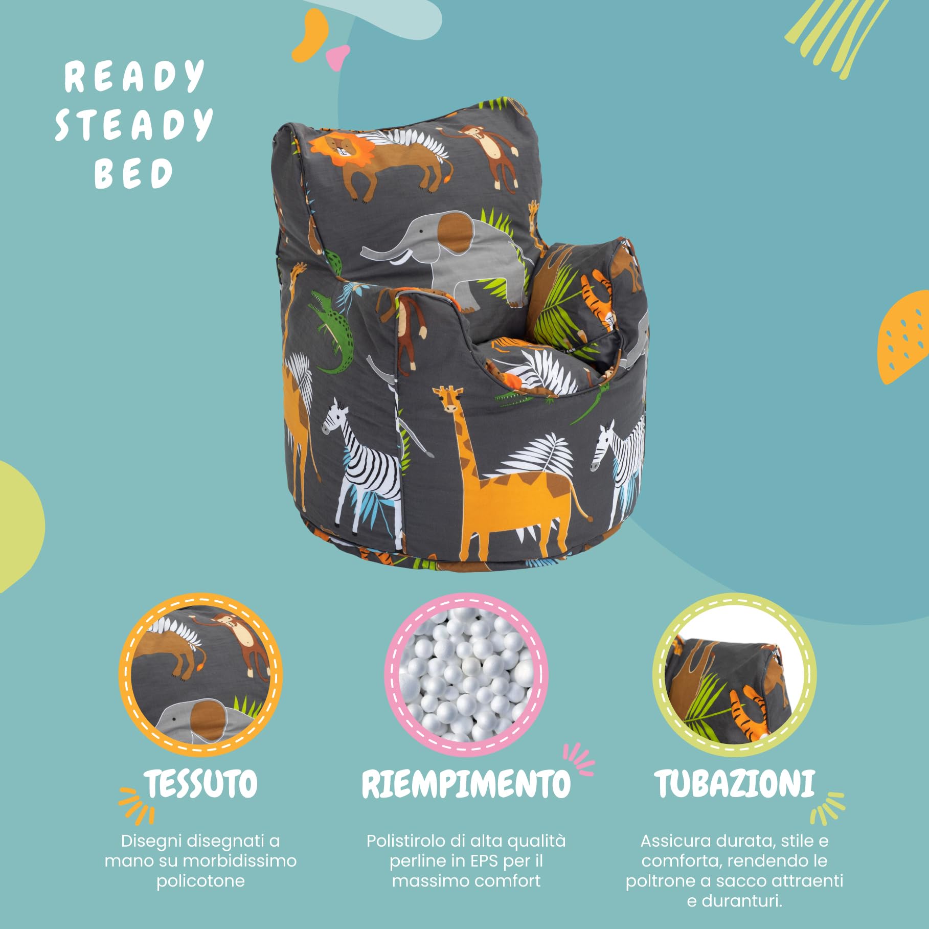 Ready Steady Bed Poltrona per bambini per i più piccoli | Comodi mobili per bambini | Sedia a sacco morbida per la stanza dei giochi | Beanbag a forma ergonomica (Africa)