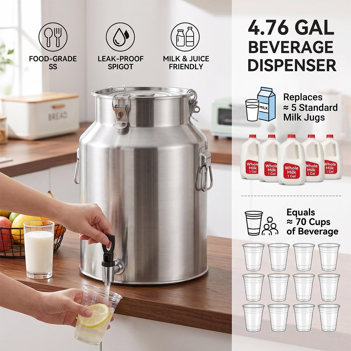 Dispensador de Bebidas de Acero Inoxidable Tanque con Grifo Bidón de Leche | Contenedor Alimentario Hermético con Hebillas de Cierre y Asa de Transporte para Hostelería Vinagre Aceite y Agua(11L)