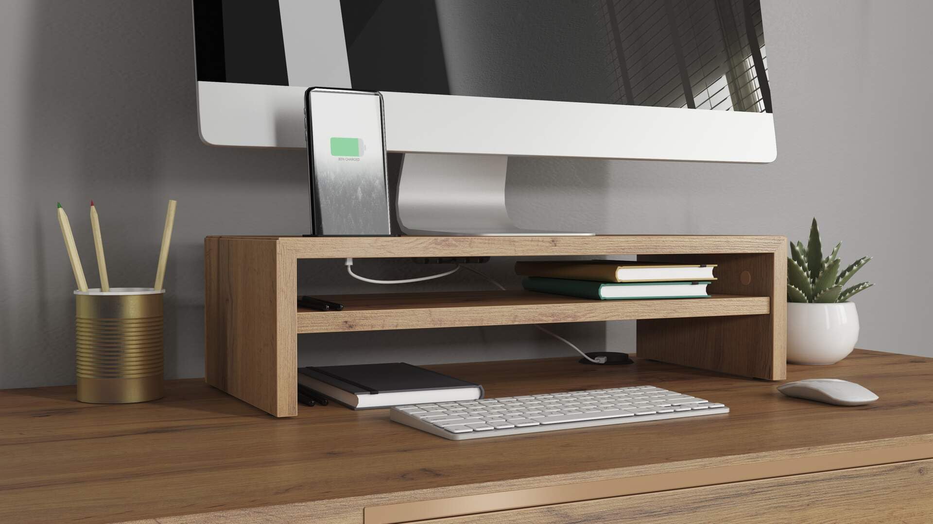 Mobili Fiver, Supporto per monitor Riki da scrivania, h.15 cm, color Rovere Rustico, Made in Italy