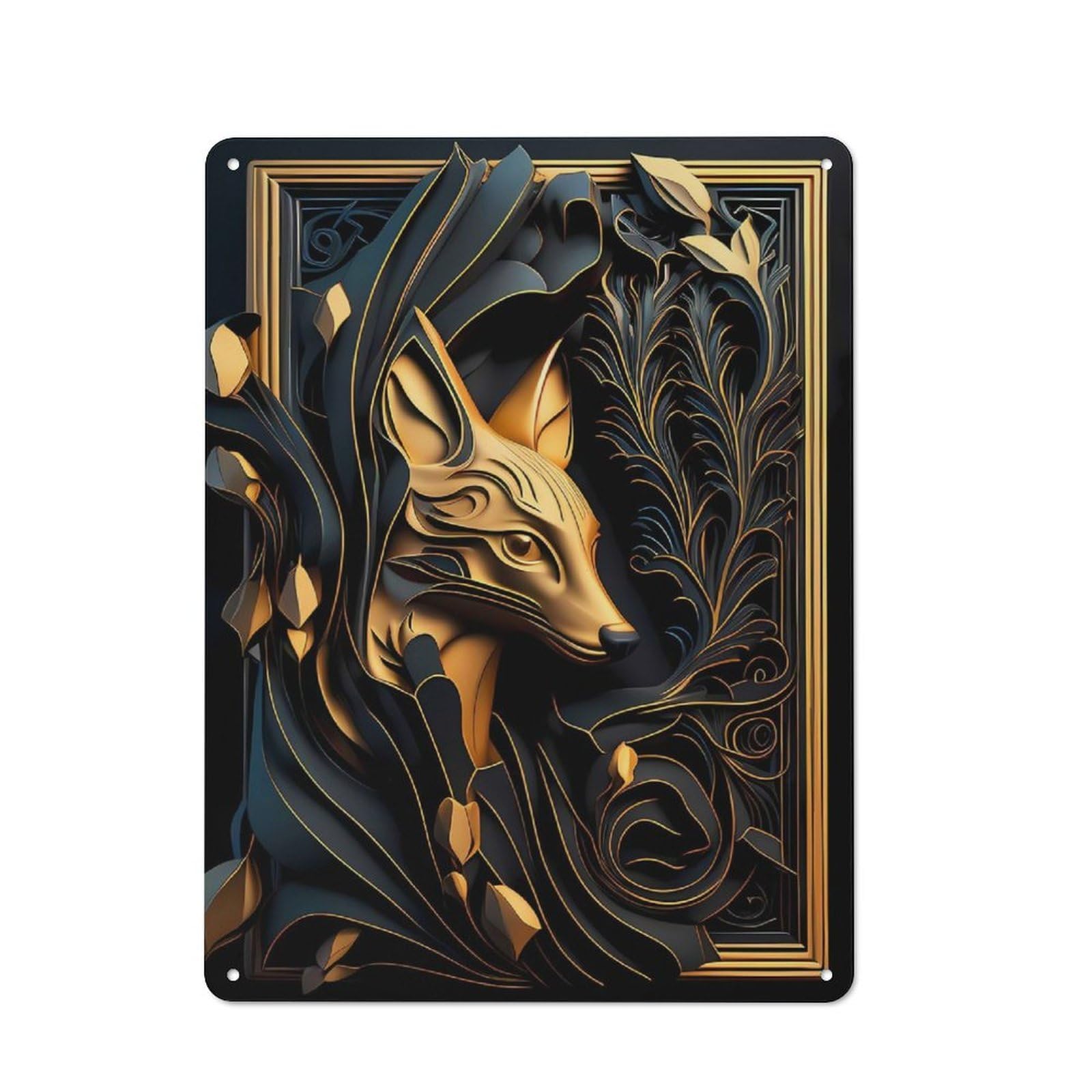 Junmoney Style-11 Elegant Golden Fox Art Decoration Workshop Style Metal Wall Decor 40X30cm, Decorative Metal Plaque For Garage, Hobby Room, Office Or Man Cave