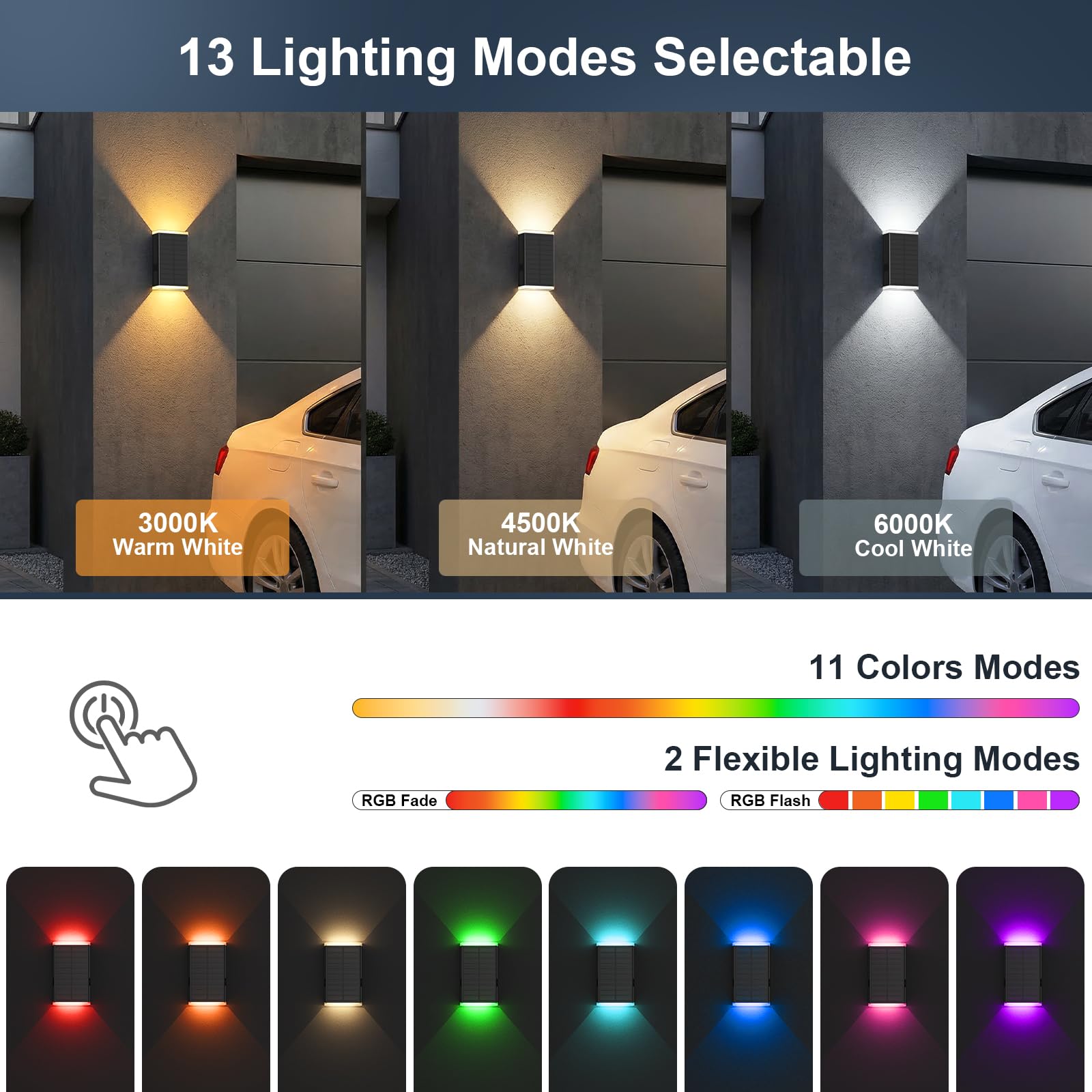 GBEAST Solar Wandleuchte Aussen, Solar Wandleuchte Aussen Up and Down Leuchten Solarleuchte, 3000/4000/6000K&RGB 4 Modi, IP67 Dekoration für Häuser, Garagen, Veranden, Hauseingänge (2, Schwarz)