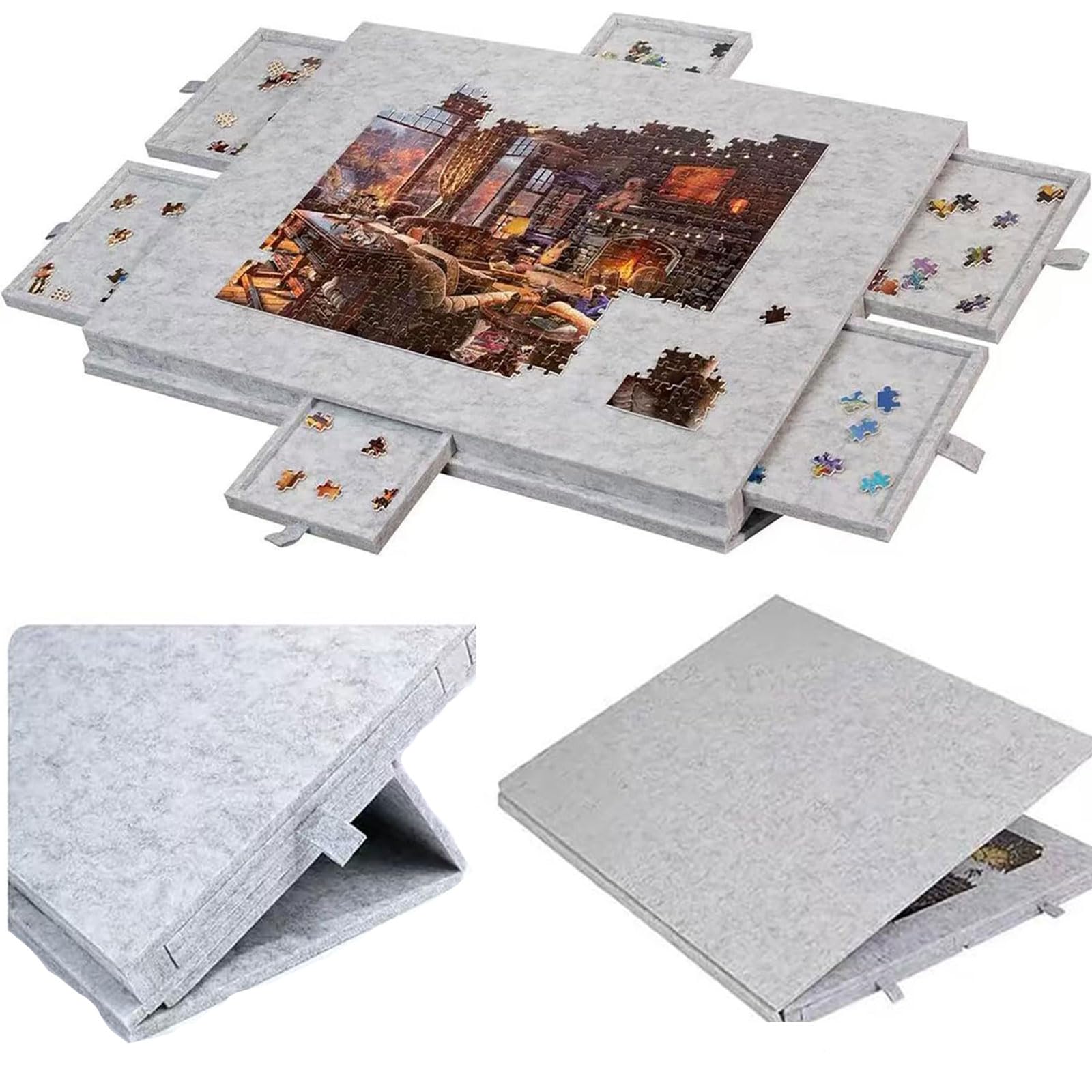 Plansza do układanek typu puzzle, składany stolik z możliwością pochylania, pokrowiec na stojak z filcowym etui i 6 szufladami, przenośna plansza do puzzli, 1000/150 110x80x4.2cm （2000PCS） light-grey
