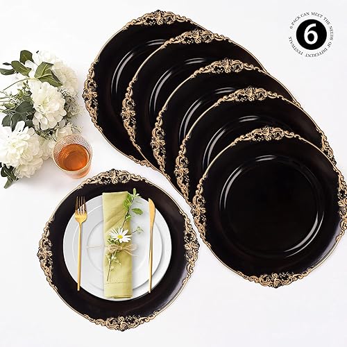 Miniatura 4 de MAONAME Platos de carga negros con borde dorado, cargadores redondos de platos antiguos para platos de cena, cargador de plástico de 13 pulgadas