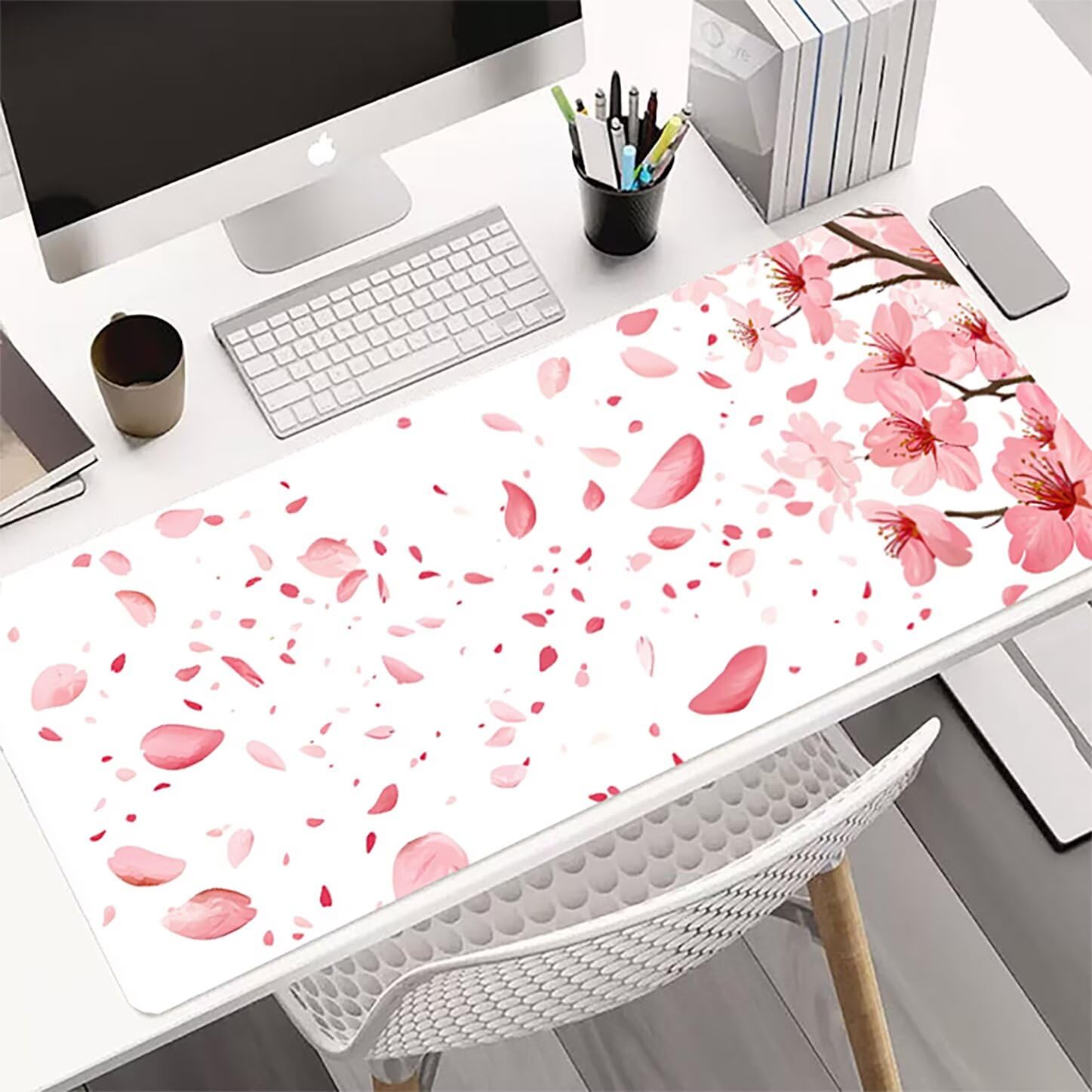 Lpfieonn Blume Großes Schreibtischunterlage, XXL Schreibtischunterlagen, Weiß XXL Wasserdicht Gaming Mousepad mit Vernähter Rand und Rutschfeste Gummibasis, für Laptop/Hause/Büro 120x60cm PF-3837