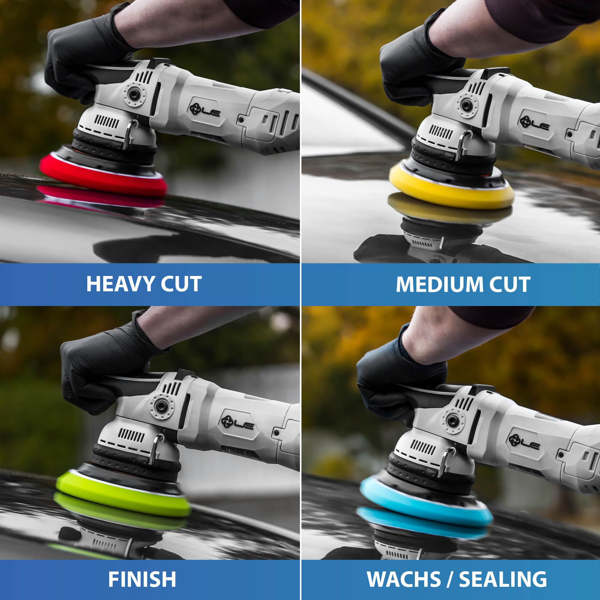 Detailmate Auto Politur Set - Menzerna Autopolitur - Super Heavy Cut Compund HC1000 + Medium Cut 2400 + Super Finish Plus SFP3800 + Liquid Carnauba Wachs + 4 passende Menzerna Pads + Poliertuch