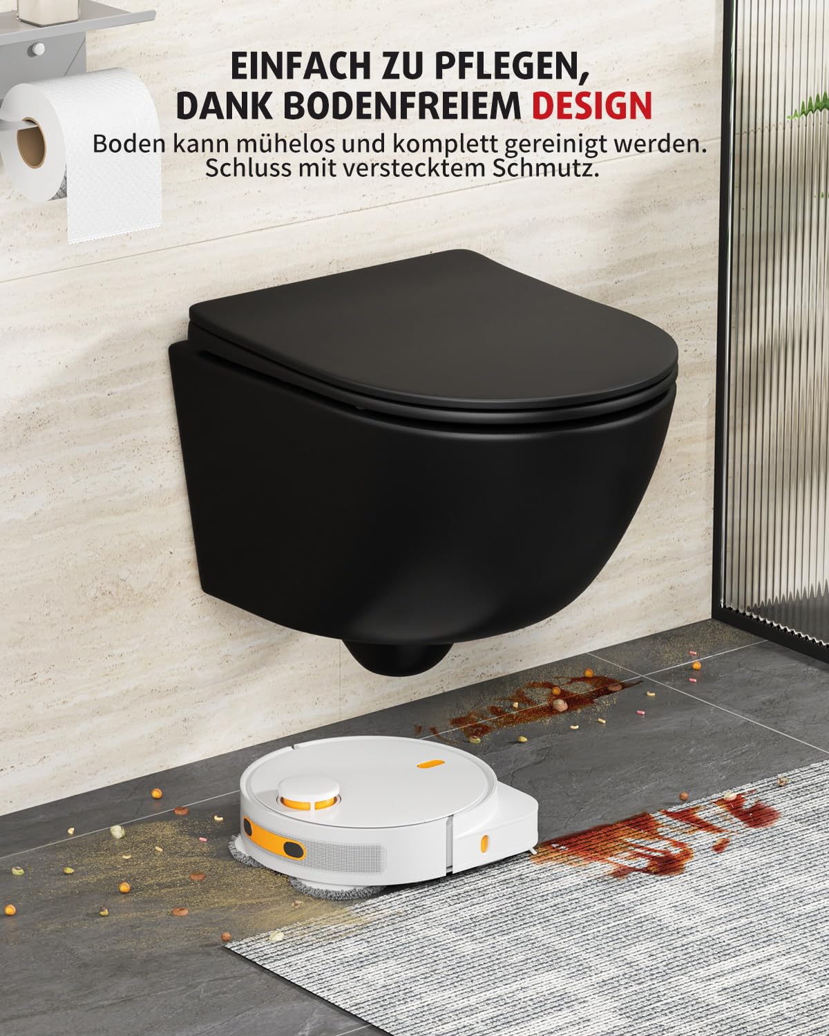 Rainsworth Hänge WC Spülrandlos Toilette - Starker Spülung, Kloschüssel inklusive WC-Sitz Absenkautomatik, Kompakt KeramikToilette, 48,5 cm lang, Einfach zu einigen, für Badezimmer-Aufstieg, Schwarz