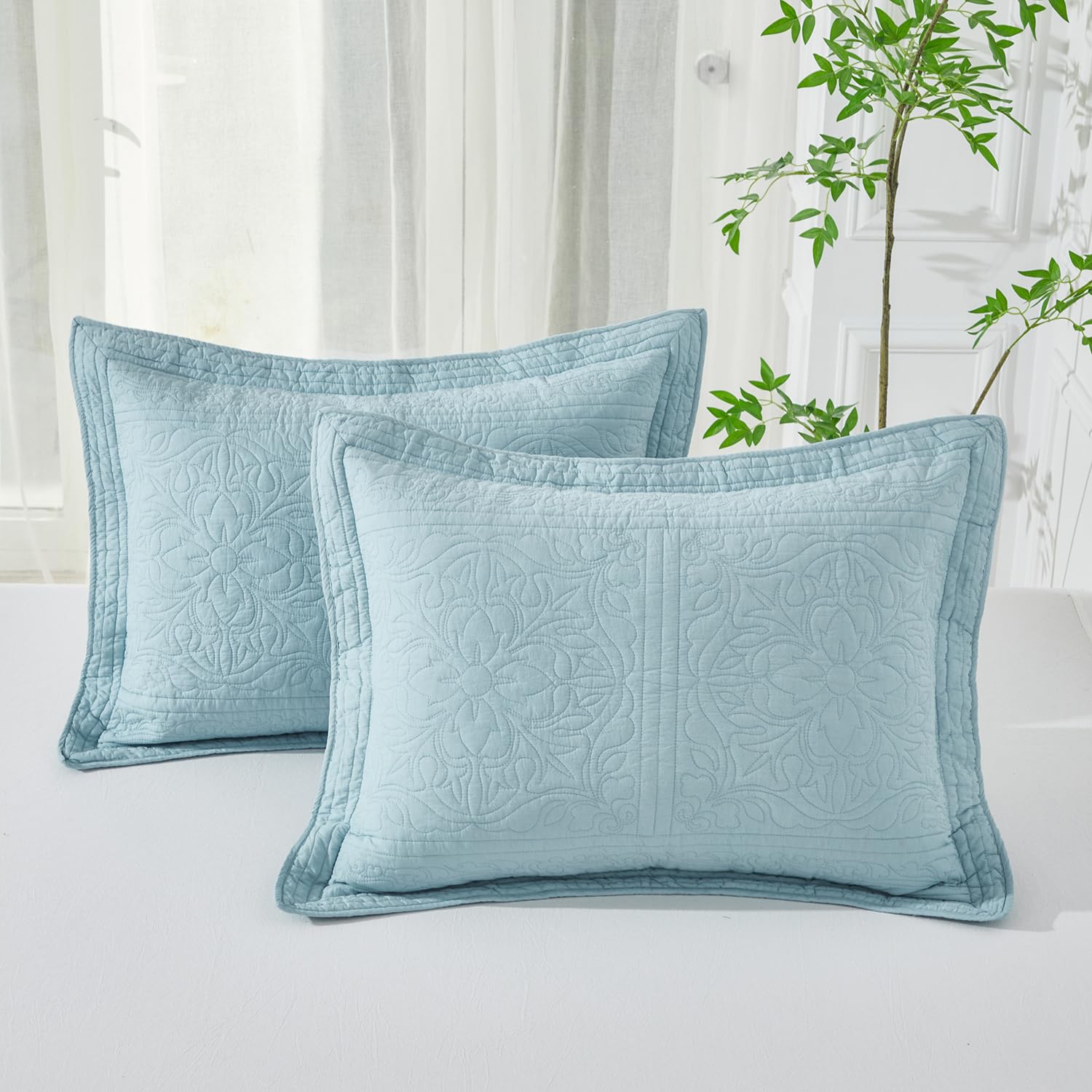 WINLIFE 100% Cotton Quilted Pillow Sham Floral Printed Pillow Cover King Size (Baby Blue)