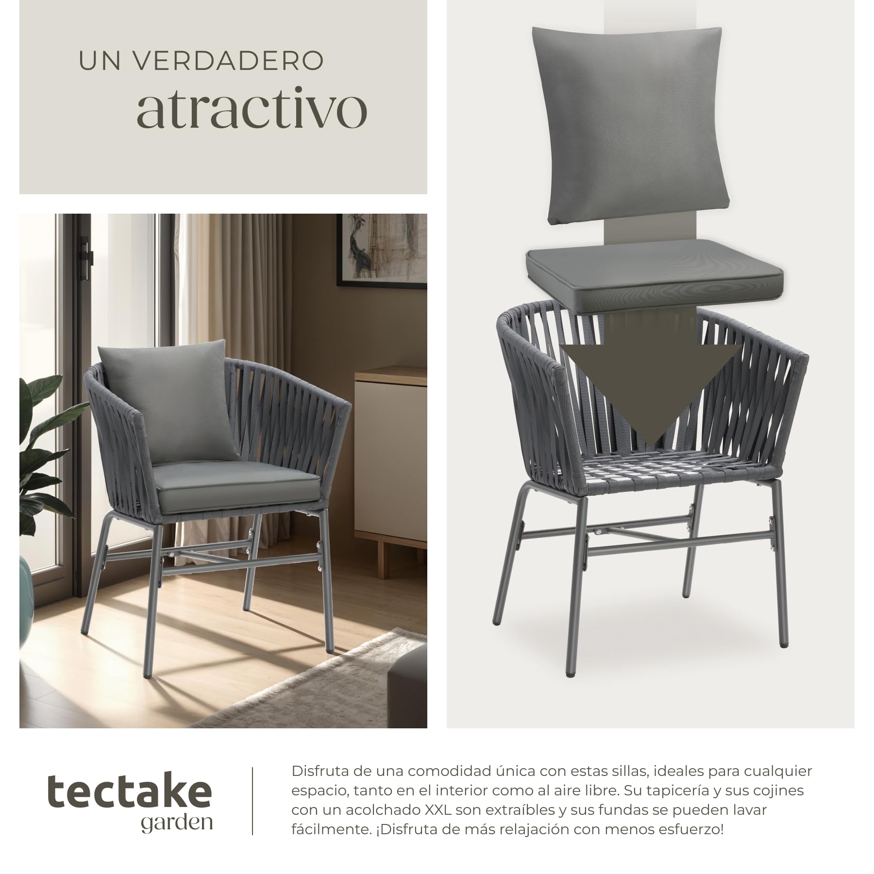 tectake® Sillas Jardin Exterior con Cojines Gruesos, Butacas Cómodas Terraza, Silla Cocina, Muebles de Exterior e Interior, Silla Tocador Maquillaje, Butacas de Comedor - 2 Sillas Gris Oscuro